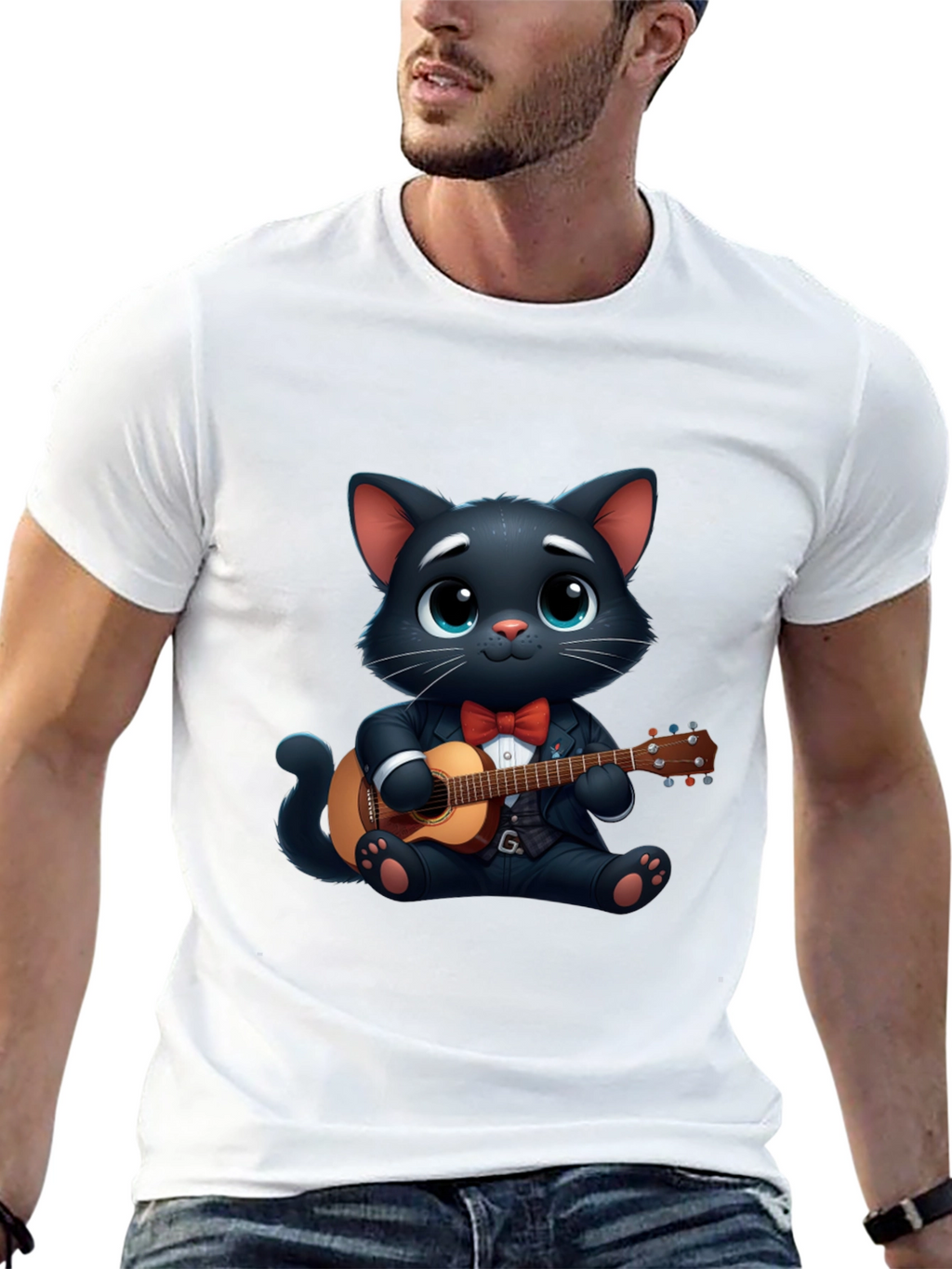 Cat Playing Guitar T-Shirt - Cute Cartoon Animal Tee