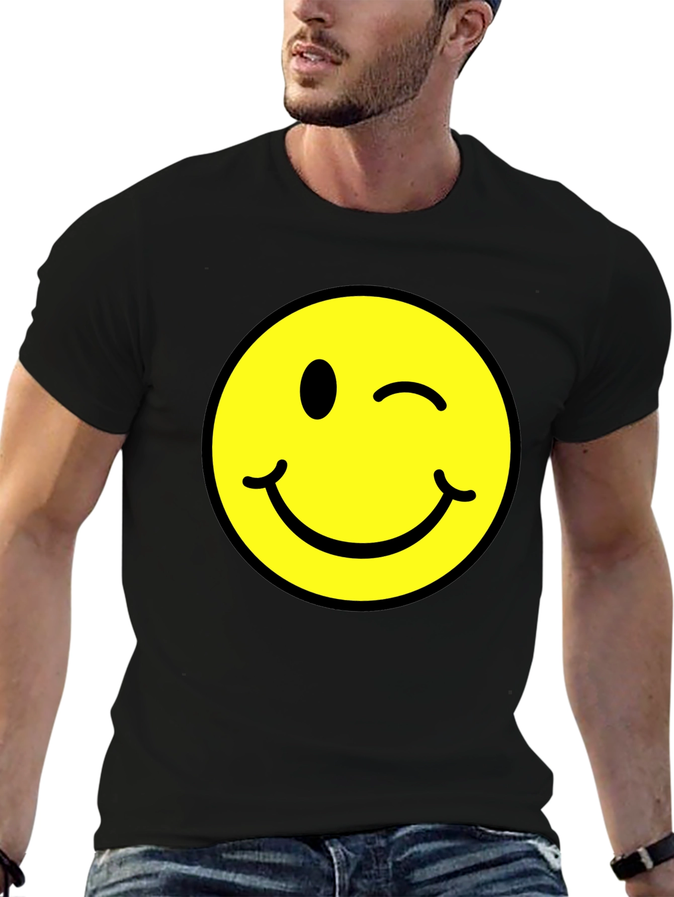 Winking Smiley Face Graphic Tee - Black