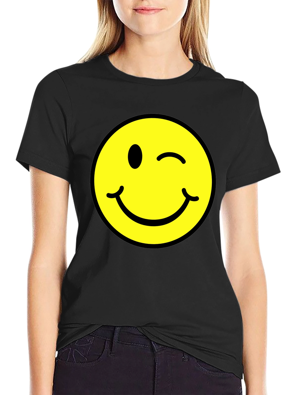 Winking Smiley Face Graphic Tee - Black
