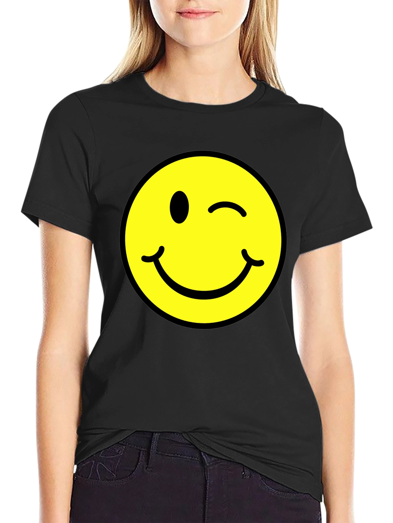 Winking Smiley Face Graphic Tee - Black