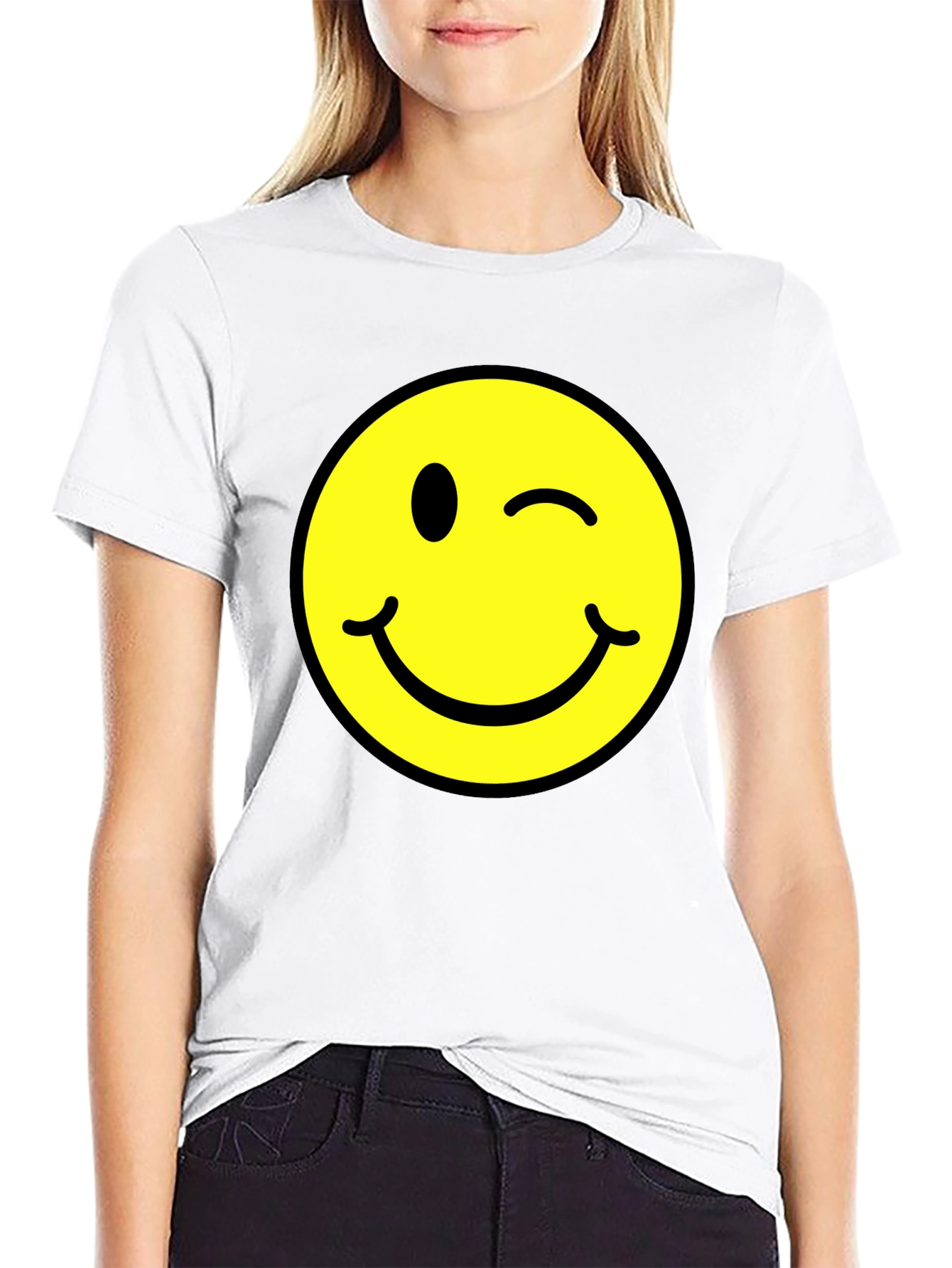 Winking Smiley Face Graphic Tee - Black