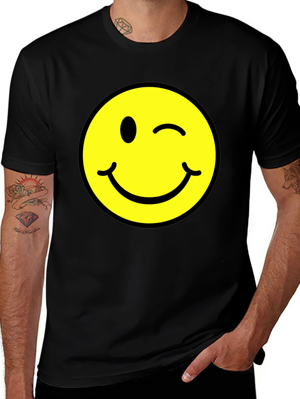 Winking Smiley Face Graphic Tee - Black