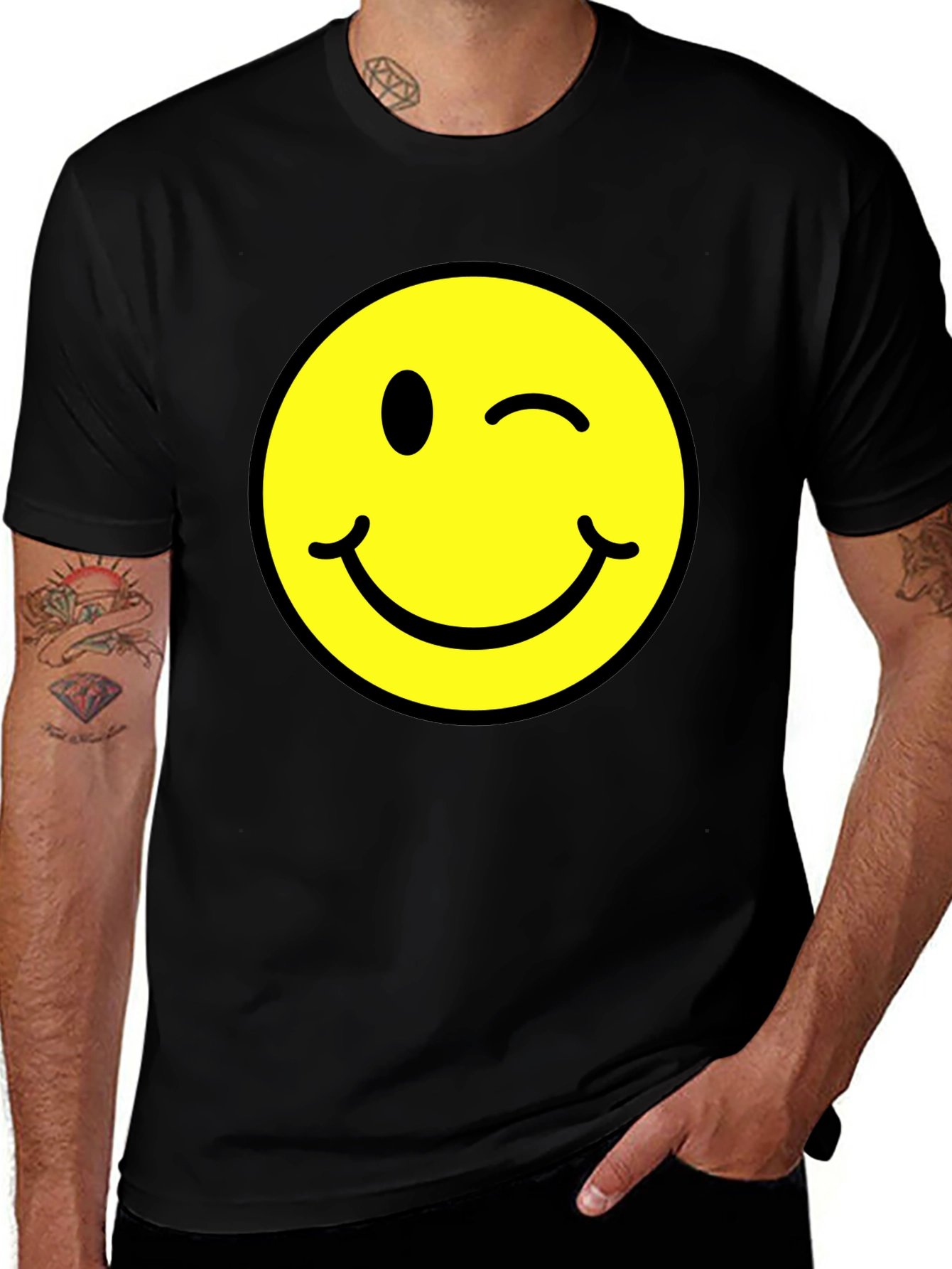 Winking Smiley Face Graphic Tee - Black