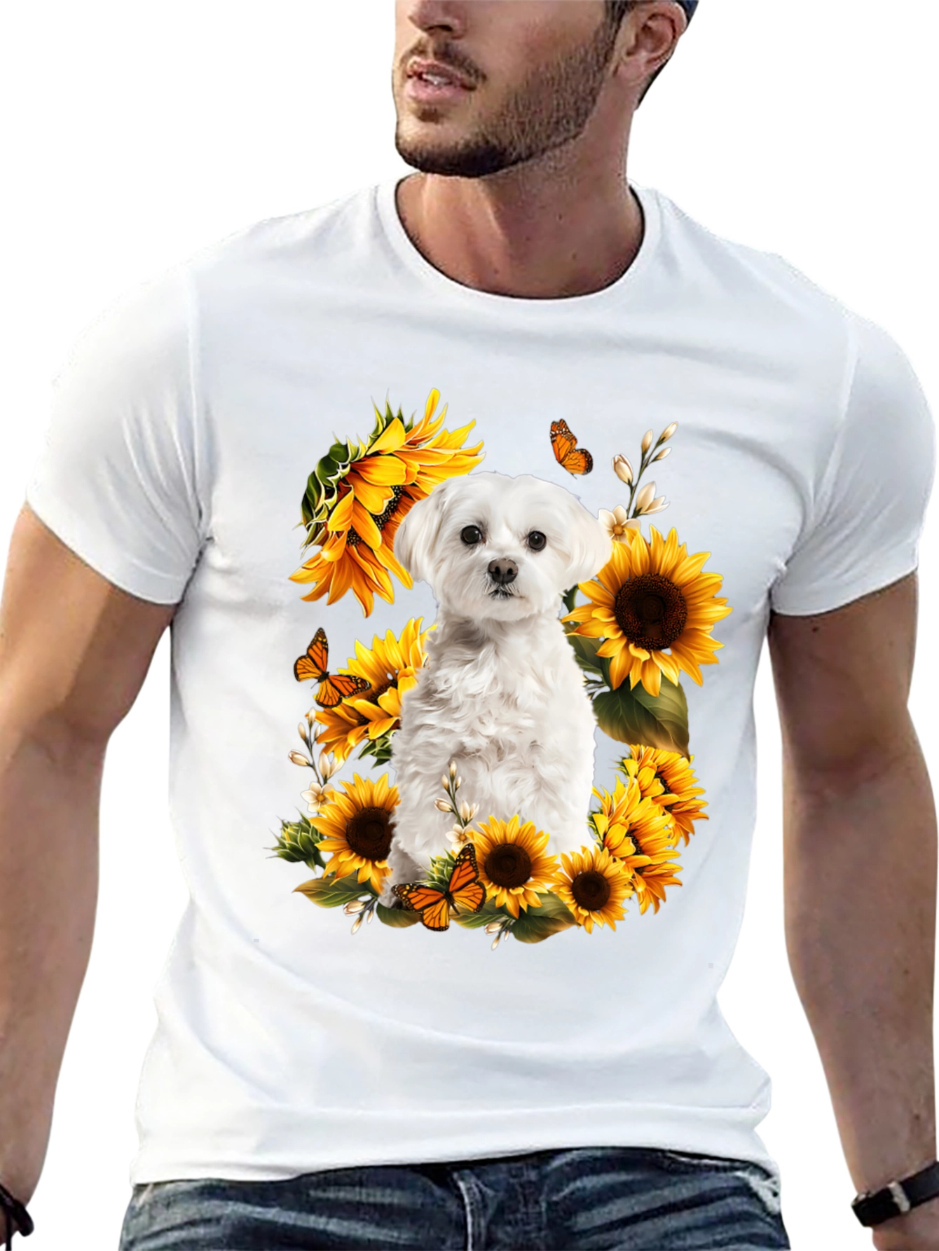Dog & Sunflower Graphic T-Shirt - Black