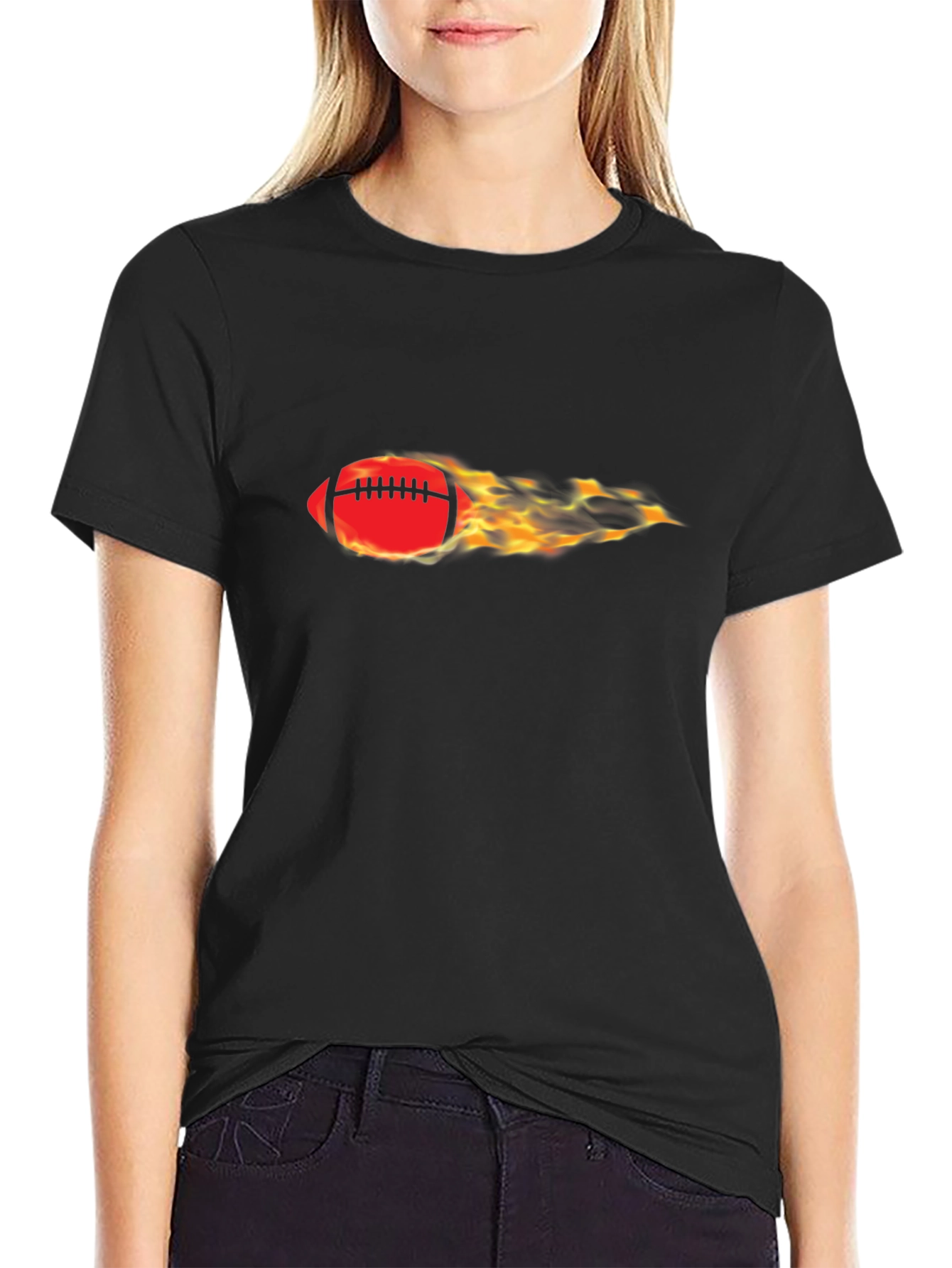 Flaming Football Graphic Tee - Black Cotton Comfort