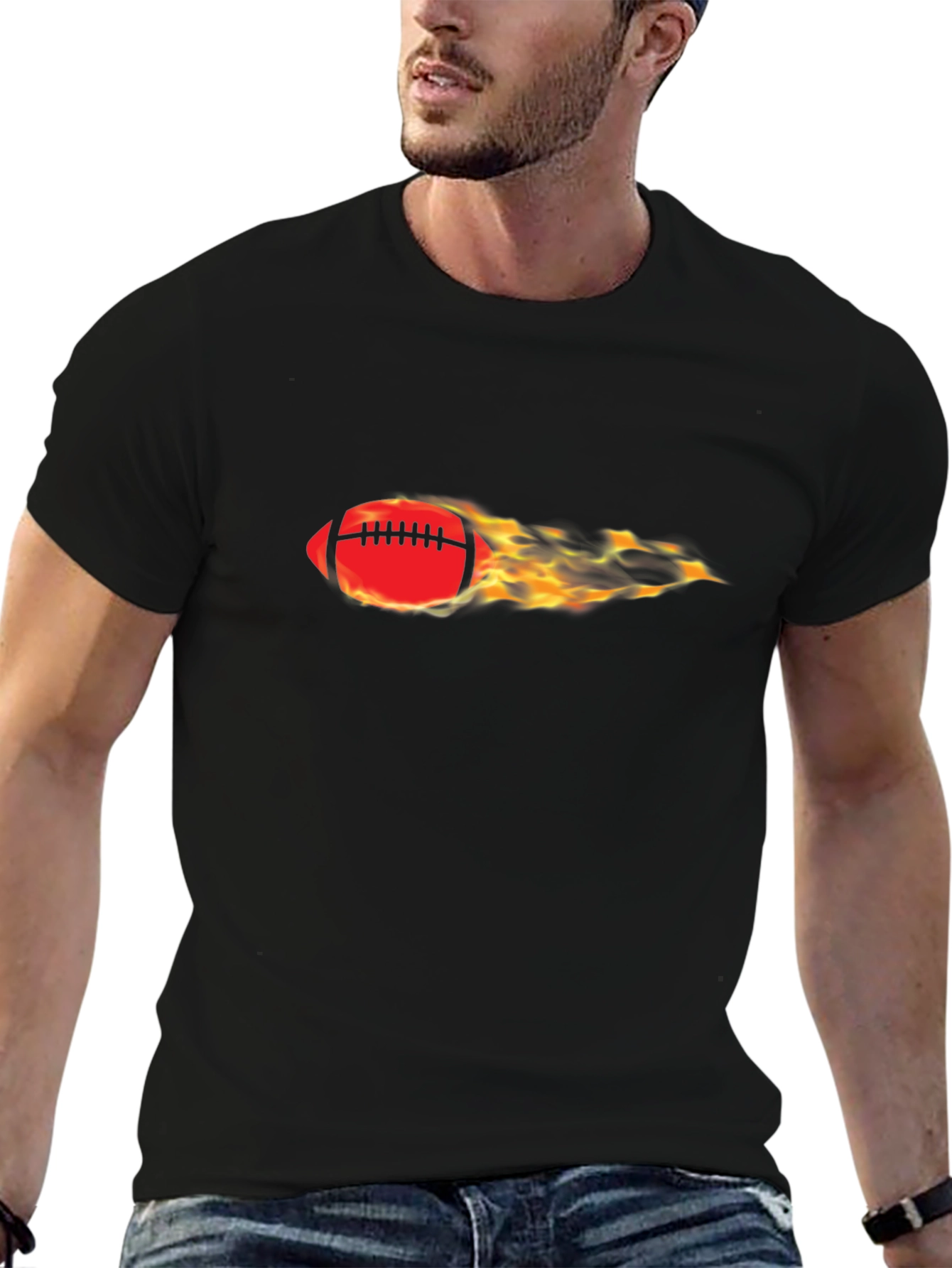 Flaming Football Graphic Tee - Black Cotton Comfort