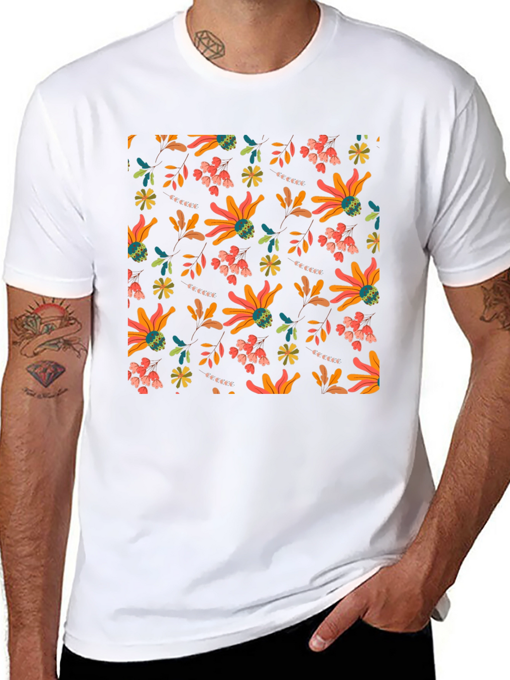 Floral Patterned Black T-Shirt