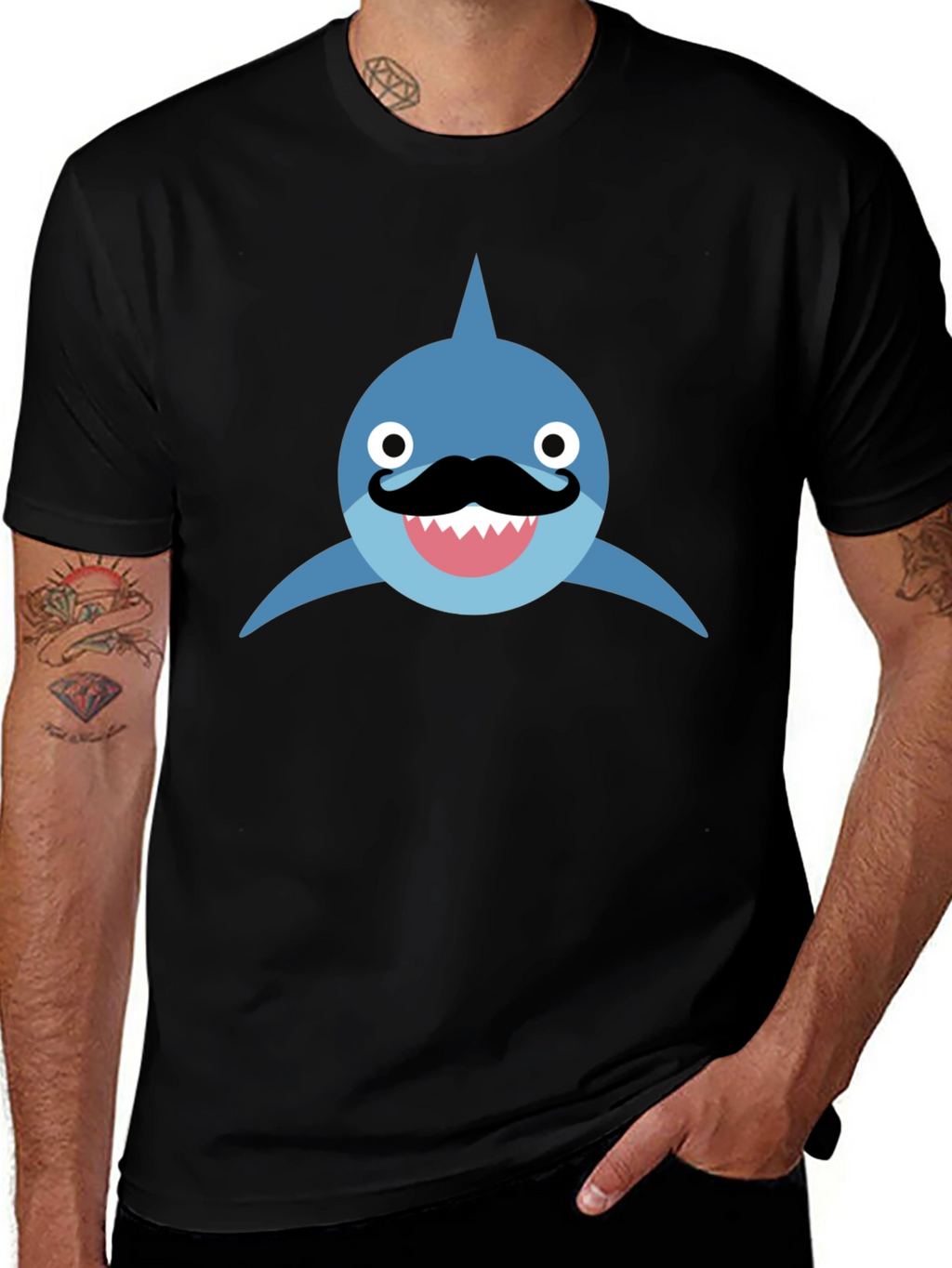 Funny Shark with Mustache T-Shirt - Black Cotton Tee