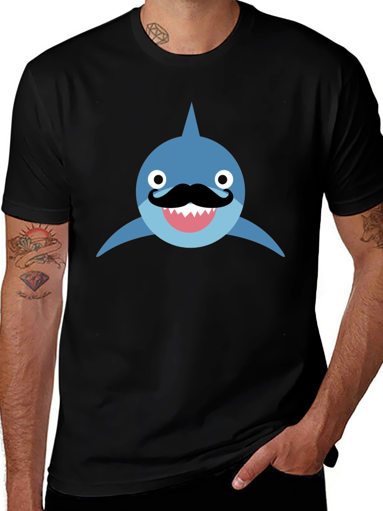 Funny Shark with Mustache T-Shirt - Black Cotton Tee