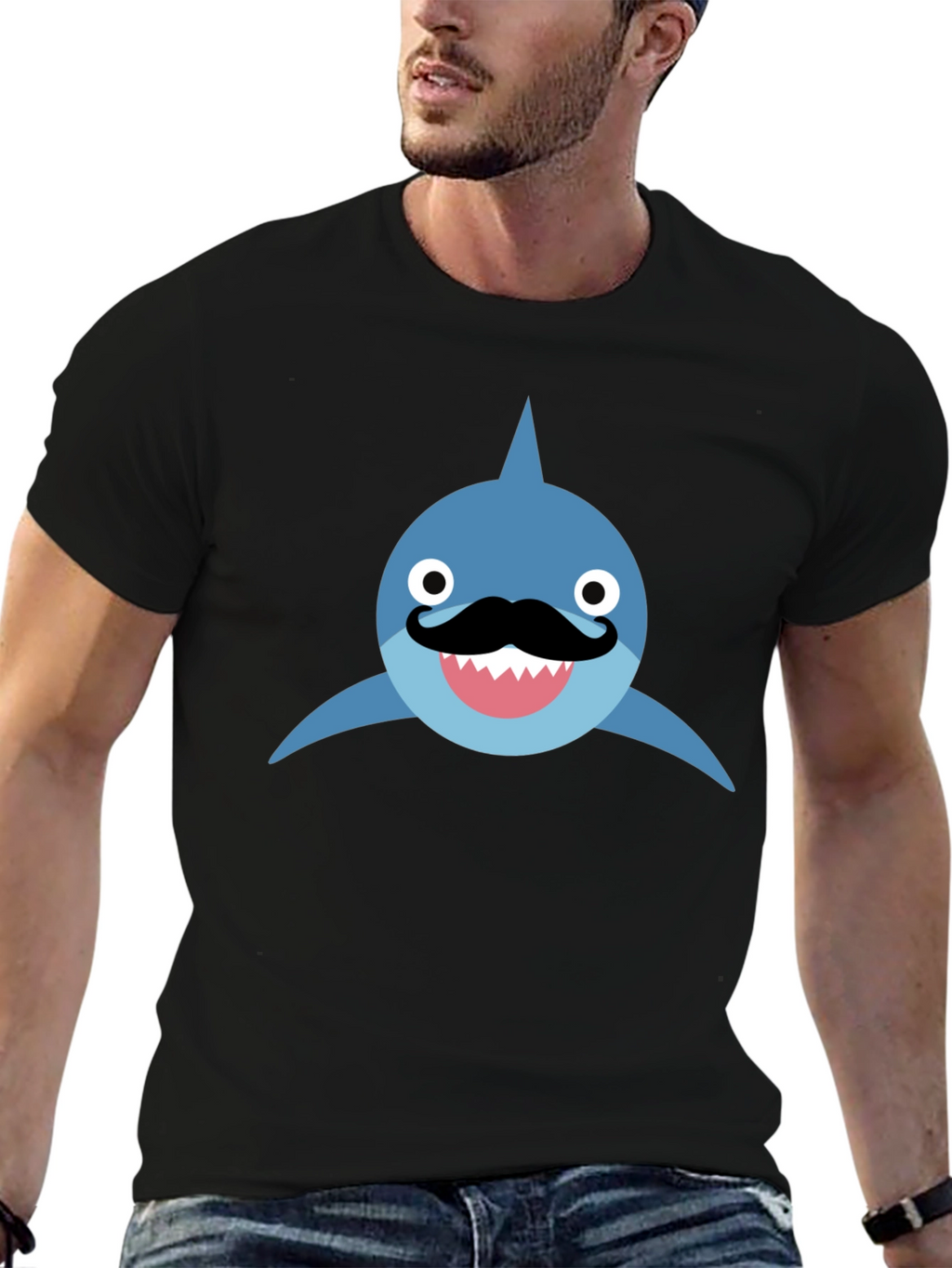 Funny Shark with Mustache T-Shirt - Black Cotton Tee