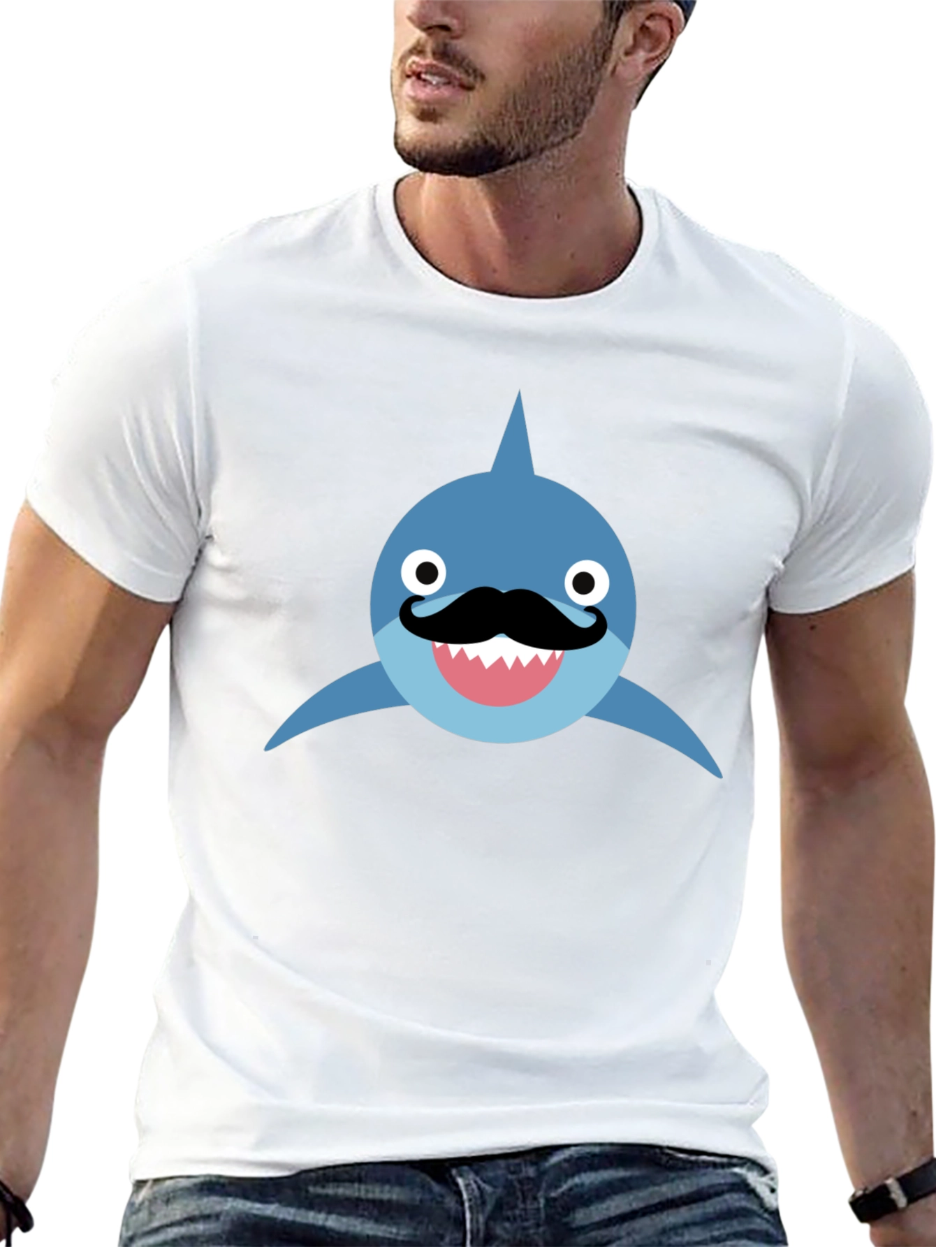 Funny Shark with Mustache T-Shirt - Black Cotton Tee