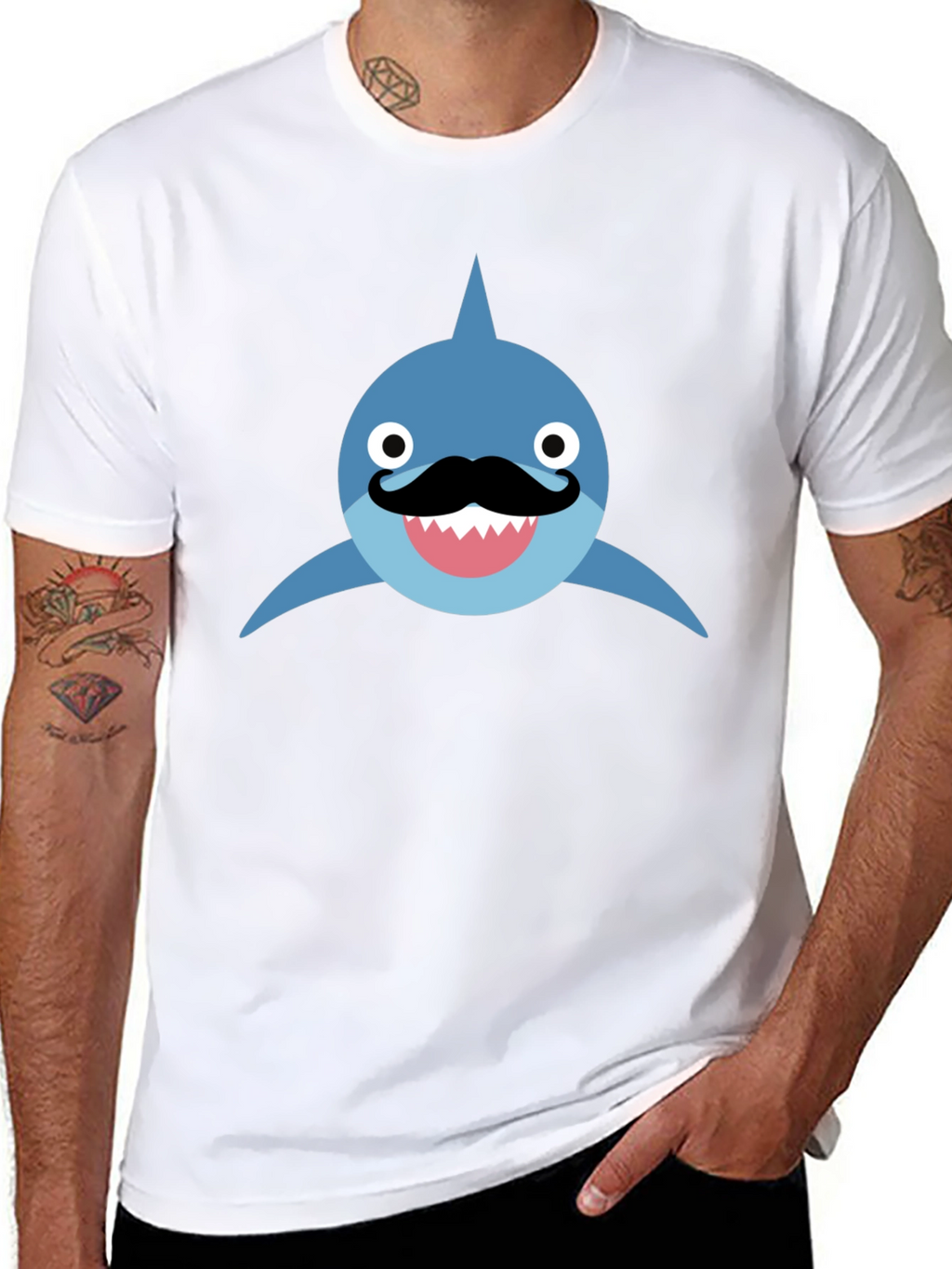 Funny Shark with Mustache T-Shirt - Black Cotton Tee