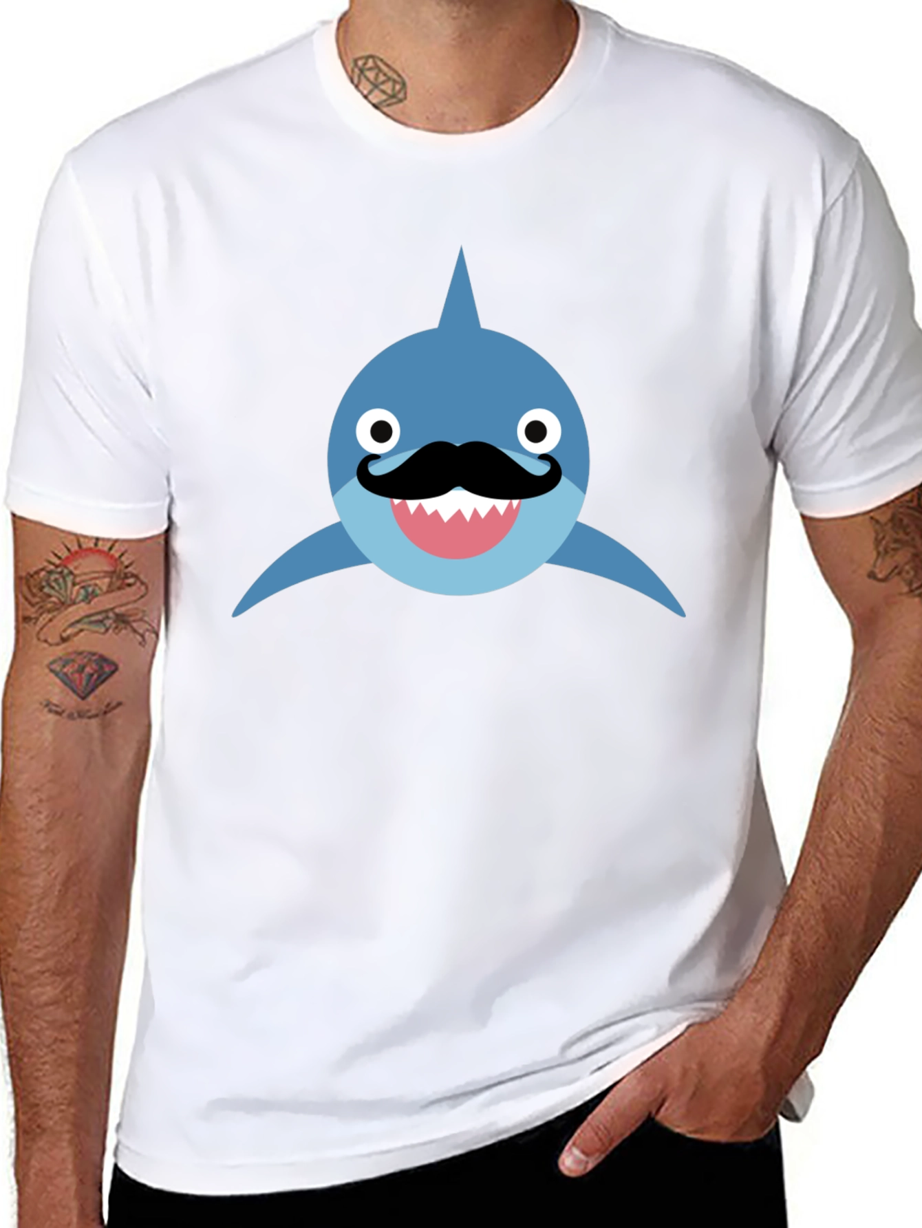 Funny Shark with Mustache T-Shirt - Black Cotton Tee
