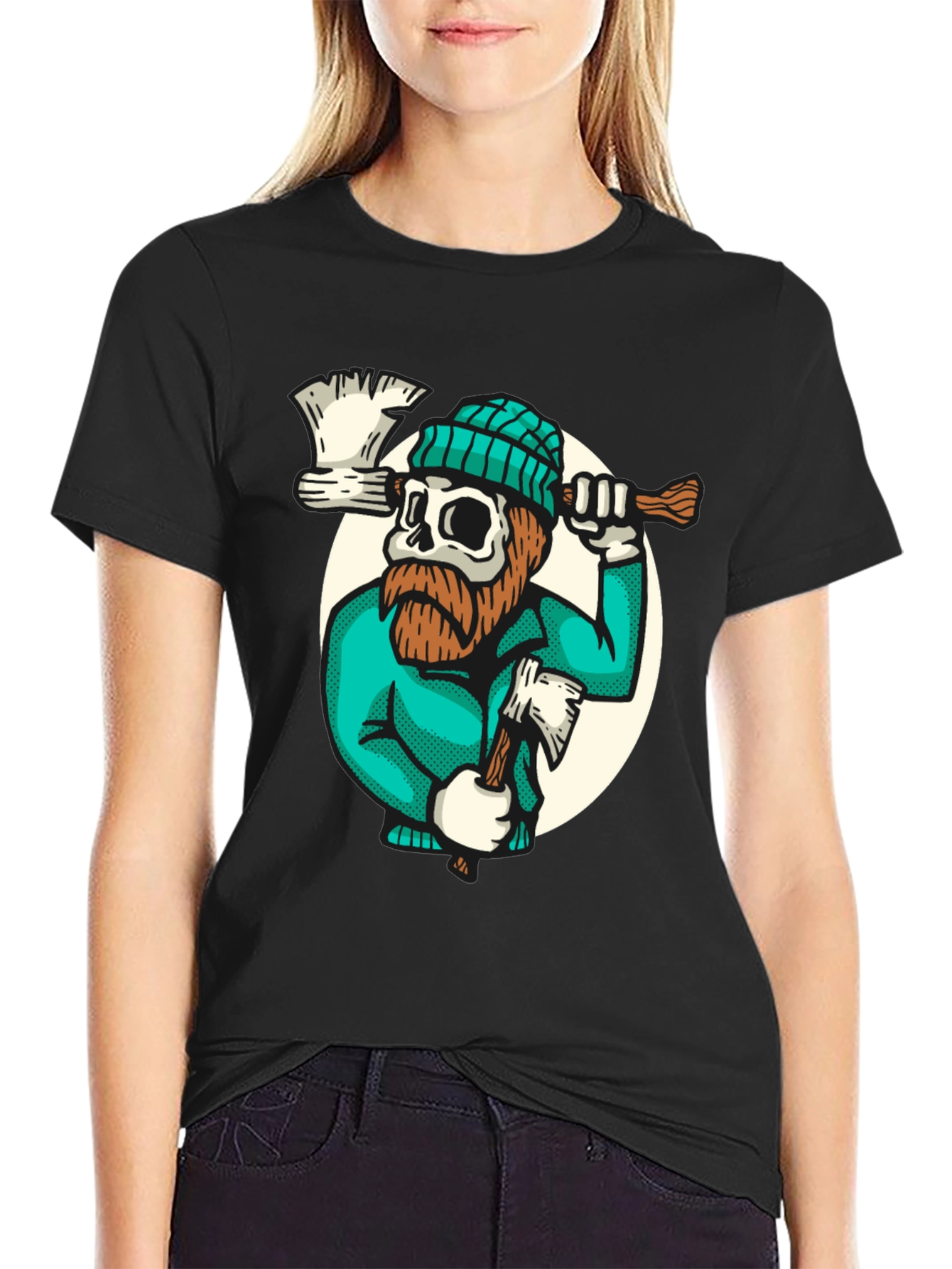 Lumberjack Skull Graphic Tee - Black Cotton T-Shirt