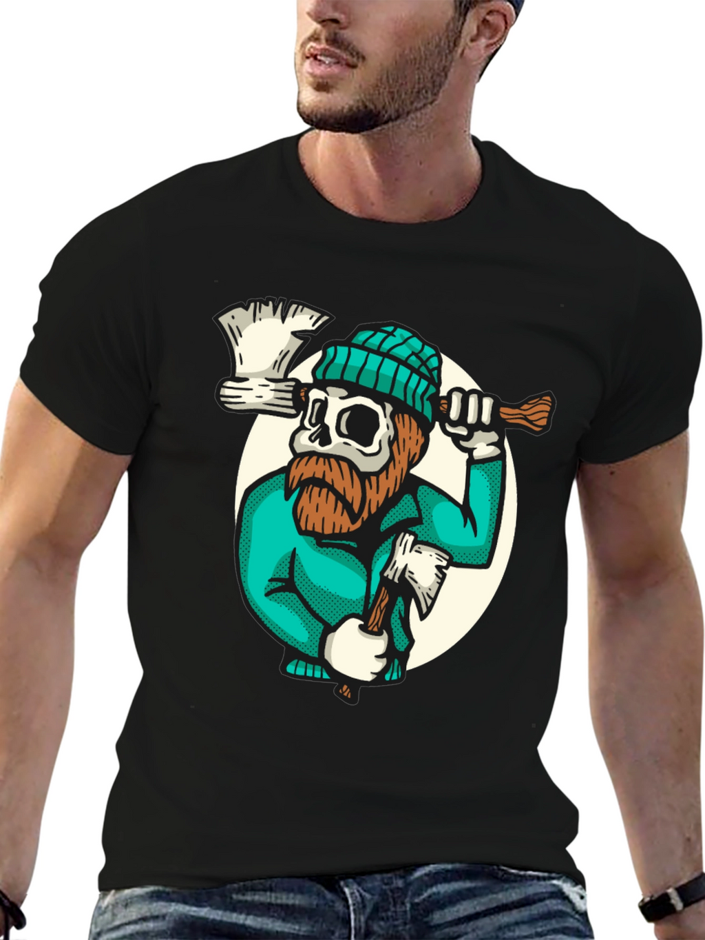 Lumberjack Skull Graphic Tee - Black Cotton T-Shirt