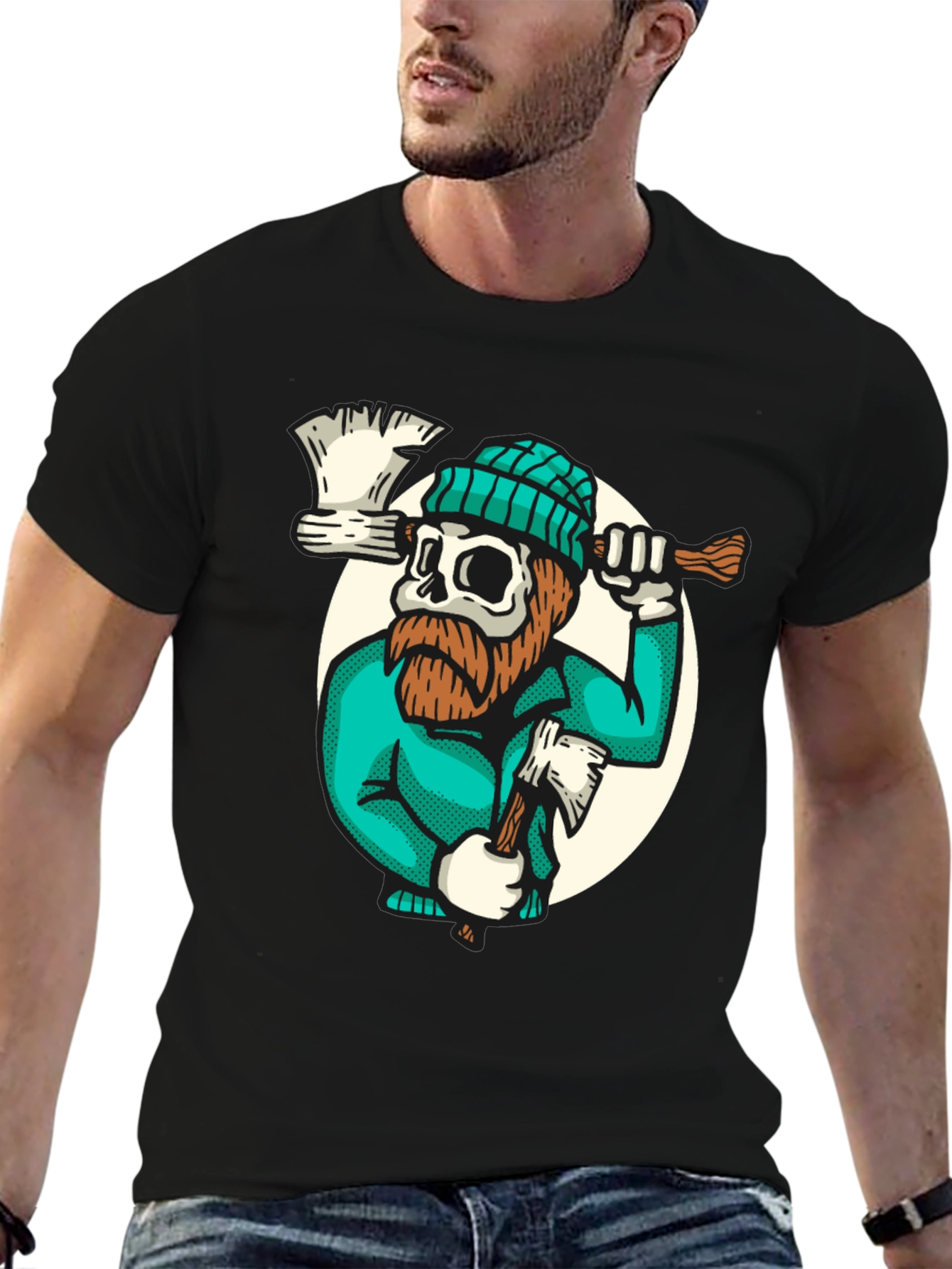 Lumberjack Skull Graphic Tee - Black Cotton T-Shirt