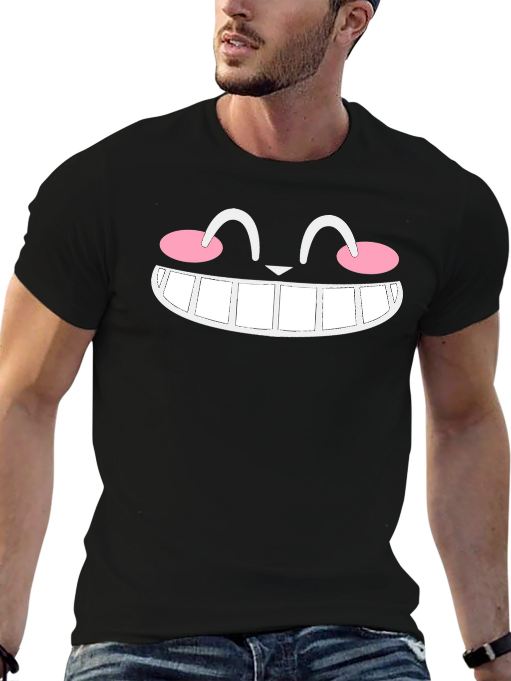 Smiling Cat Face Graphic Black T-Shirt