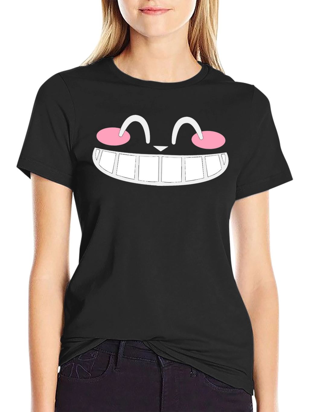 Smiling Cat Face Graphic Black T-Shirt