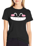 Smiling Cat Face Graphic Black T-Shirt