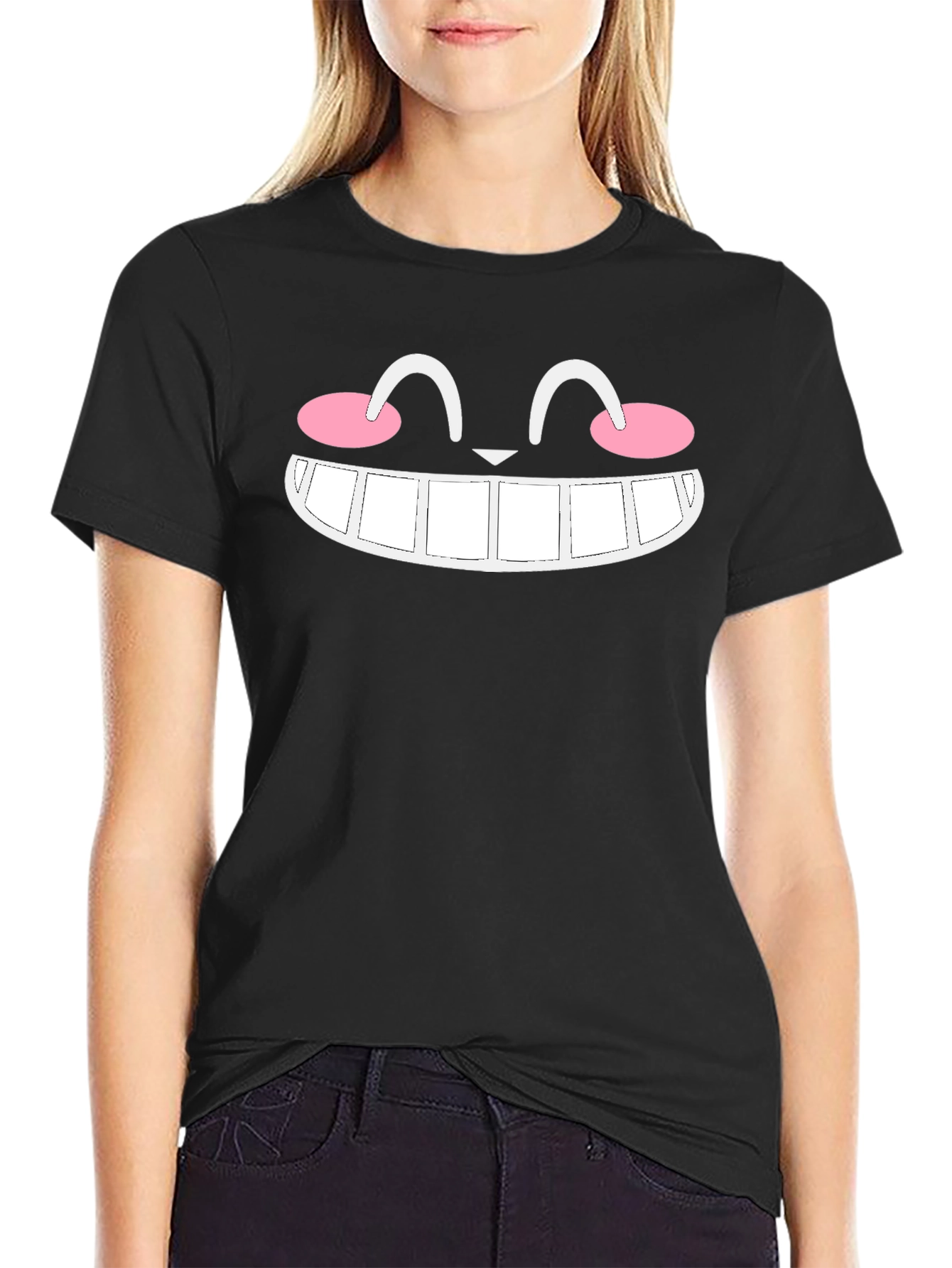 Smiling Cat Face Graphic Black T-Shirt