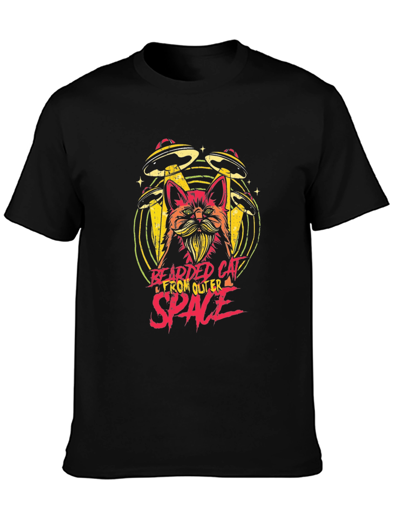Bearded Cat From Outer Space Black T-Shirt