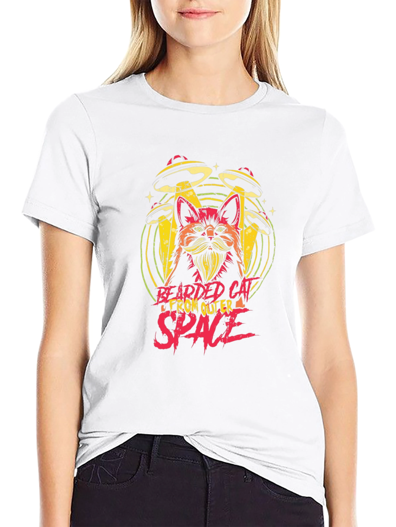 Bearded Cat From Outer Space Black T-Shirt