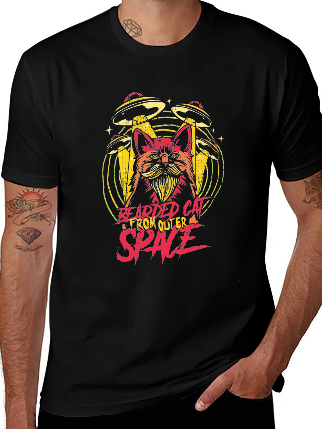 Bearded Cat From Outer Space Black T-Shirt