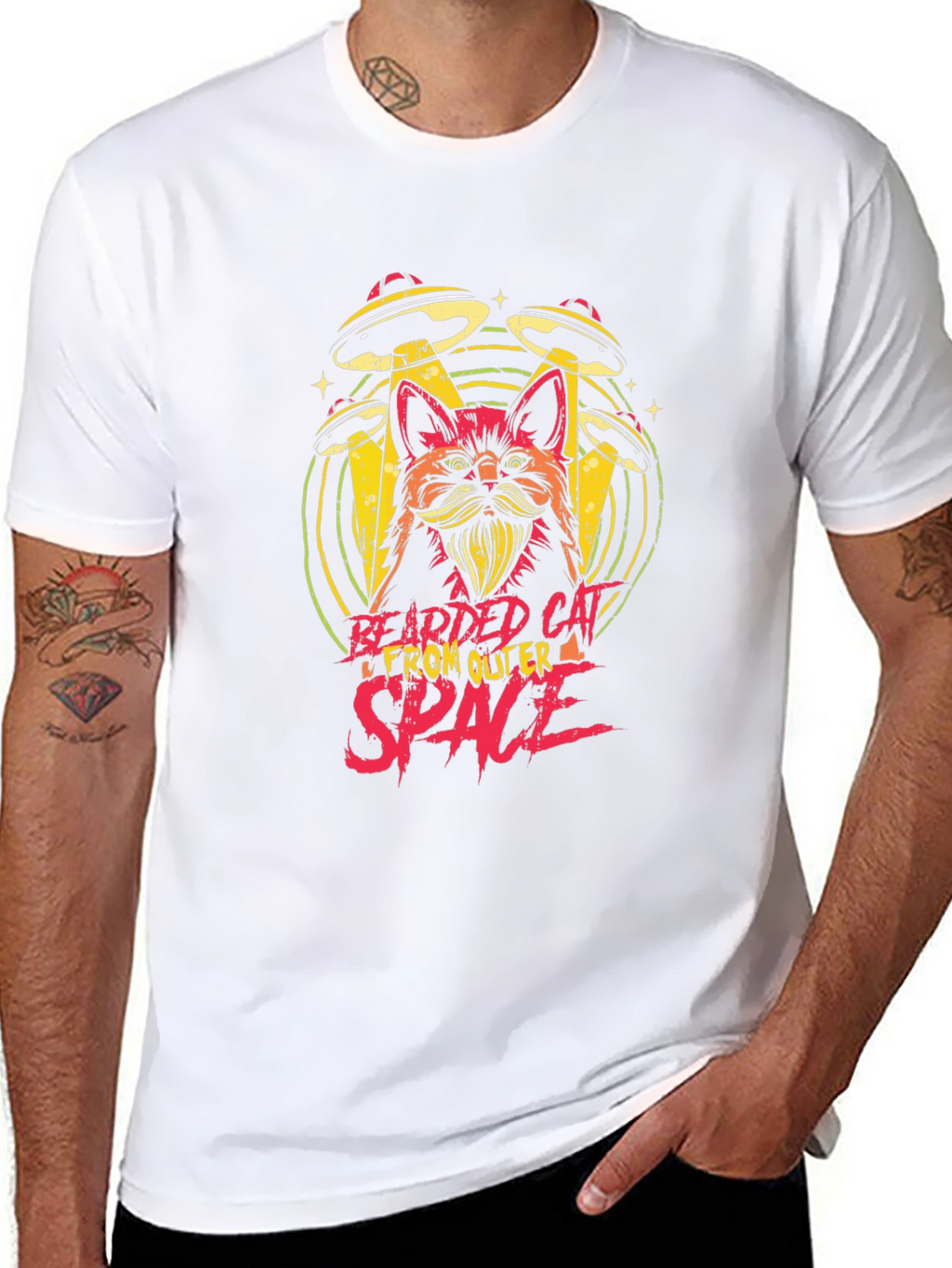 Bearded Cat From Outer Space Black T-Shirt