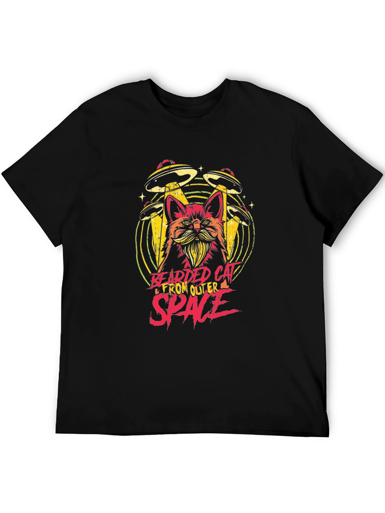 Bearded Cat From Outer Space Black T-Shirt