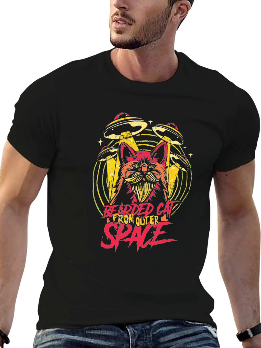 Bearded Cat From Outer Space Black T-Shirt
