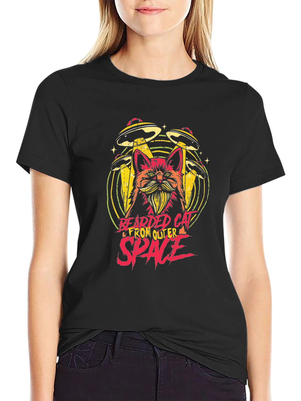 Bearded Cat From Outer Space Black T-Shirt