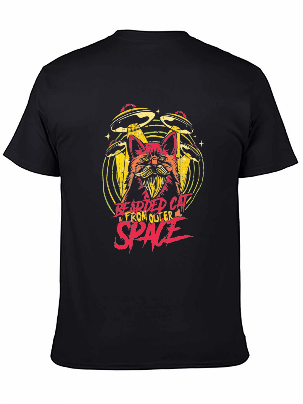 Bearded Cat From Outer Space Black T-Shirt