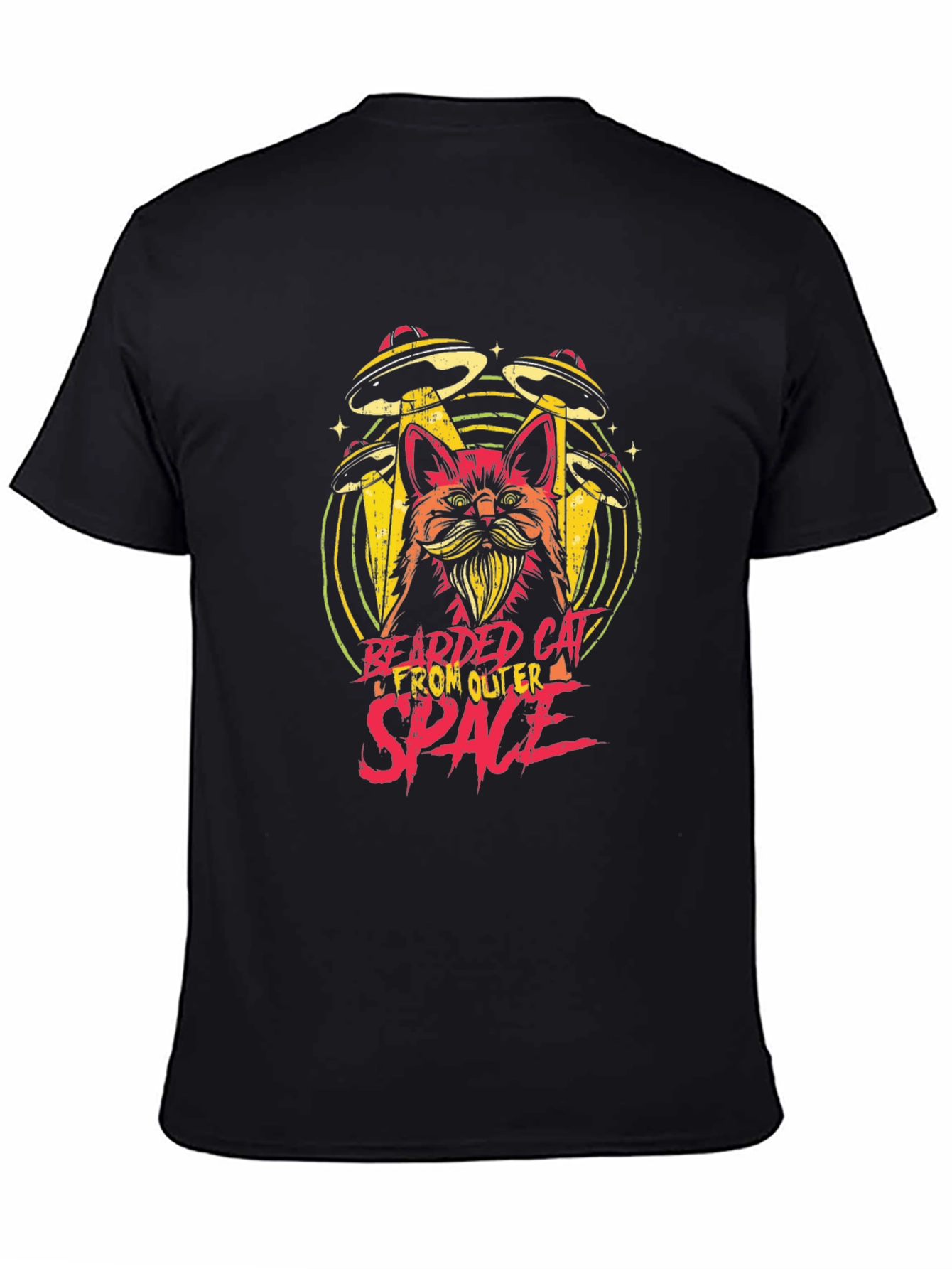 Bearded Cat From Outer Space Black T-Shirt