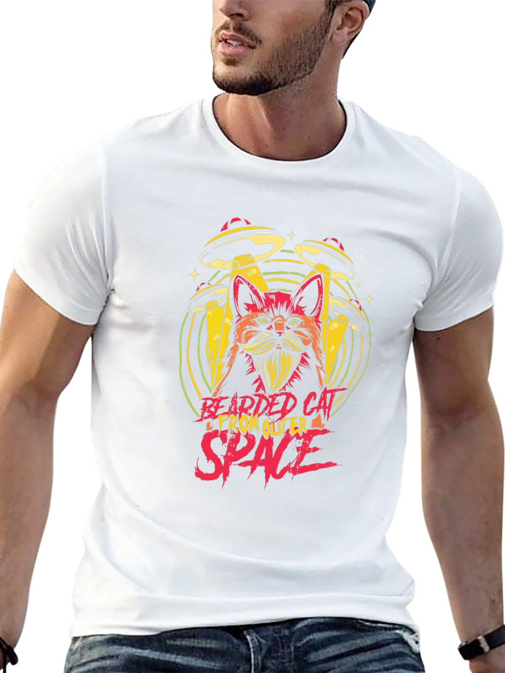 Bearded Cat From Outer Space Black T-Shirt