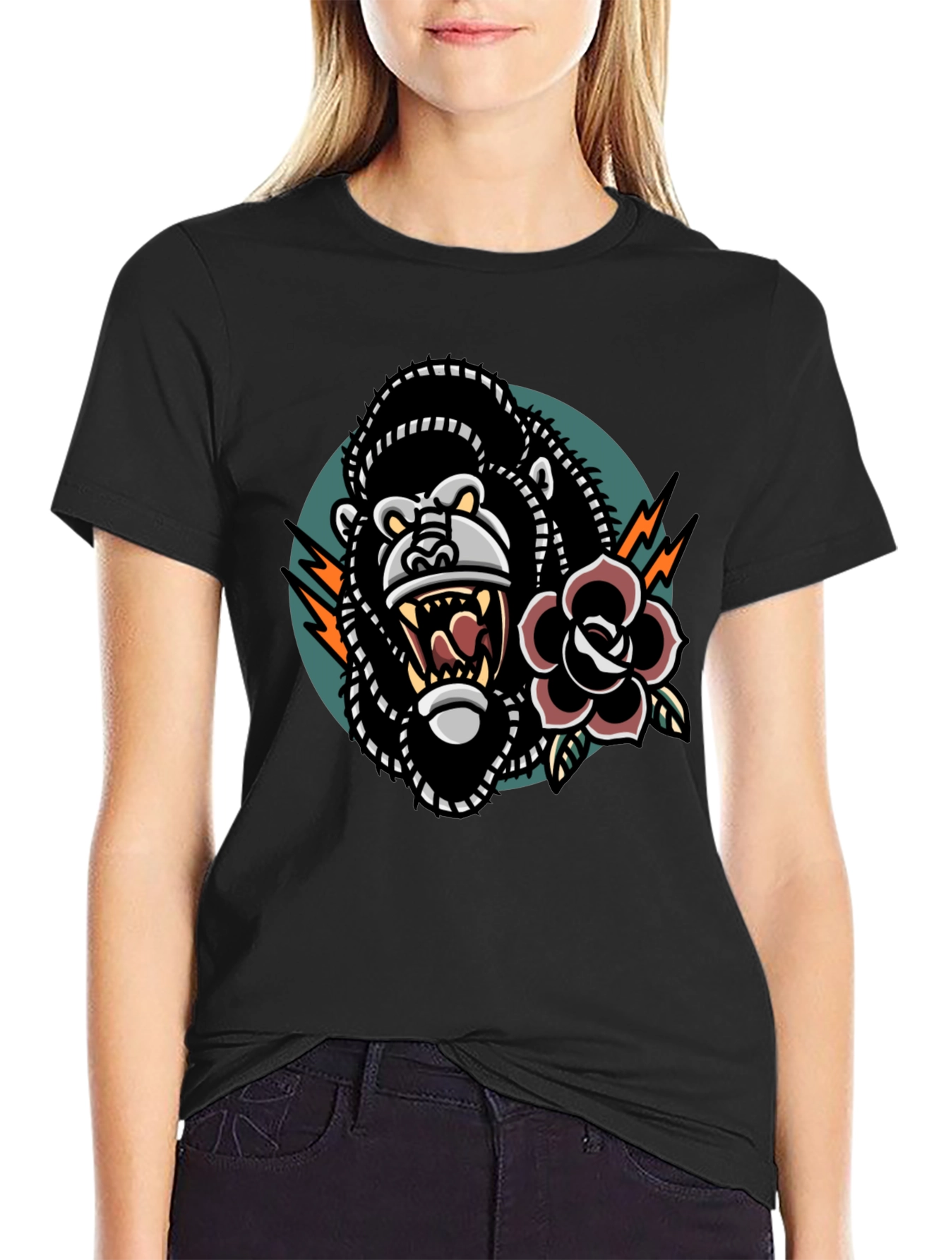 Graphic Tee: Gorilla & Rose Tattoo Design - Cool Black T-Shirt