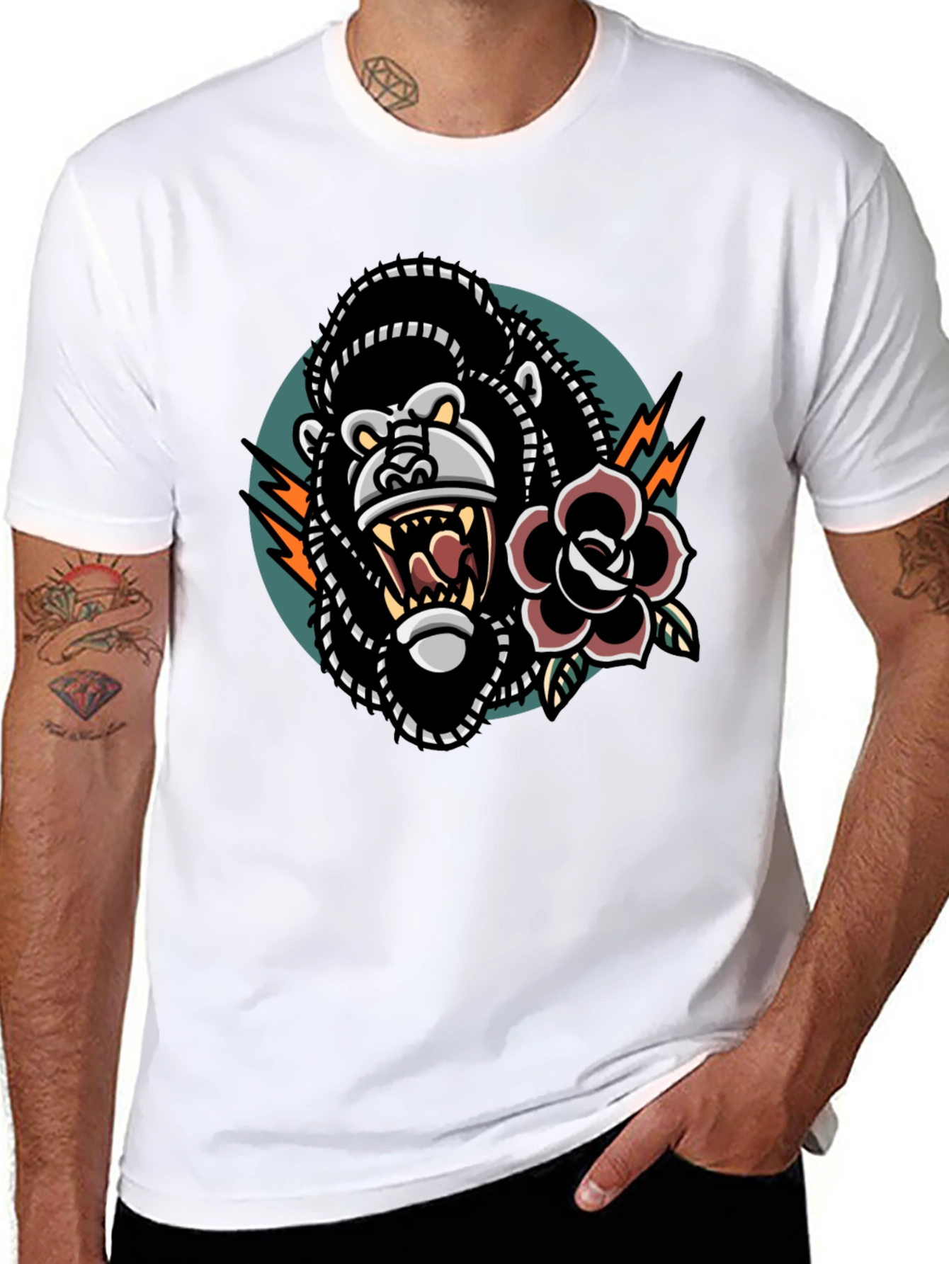 Graphic Tee: Gorilla & Rose Tattoo Design - Cool Black T-Shirt