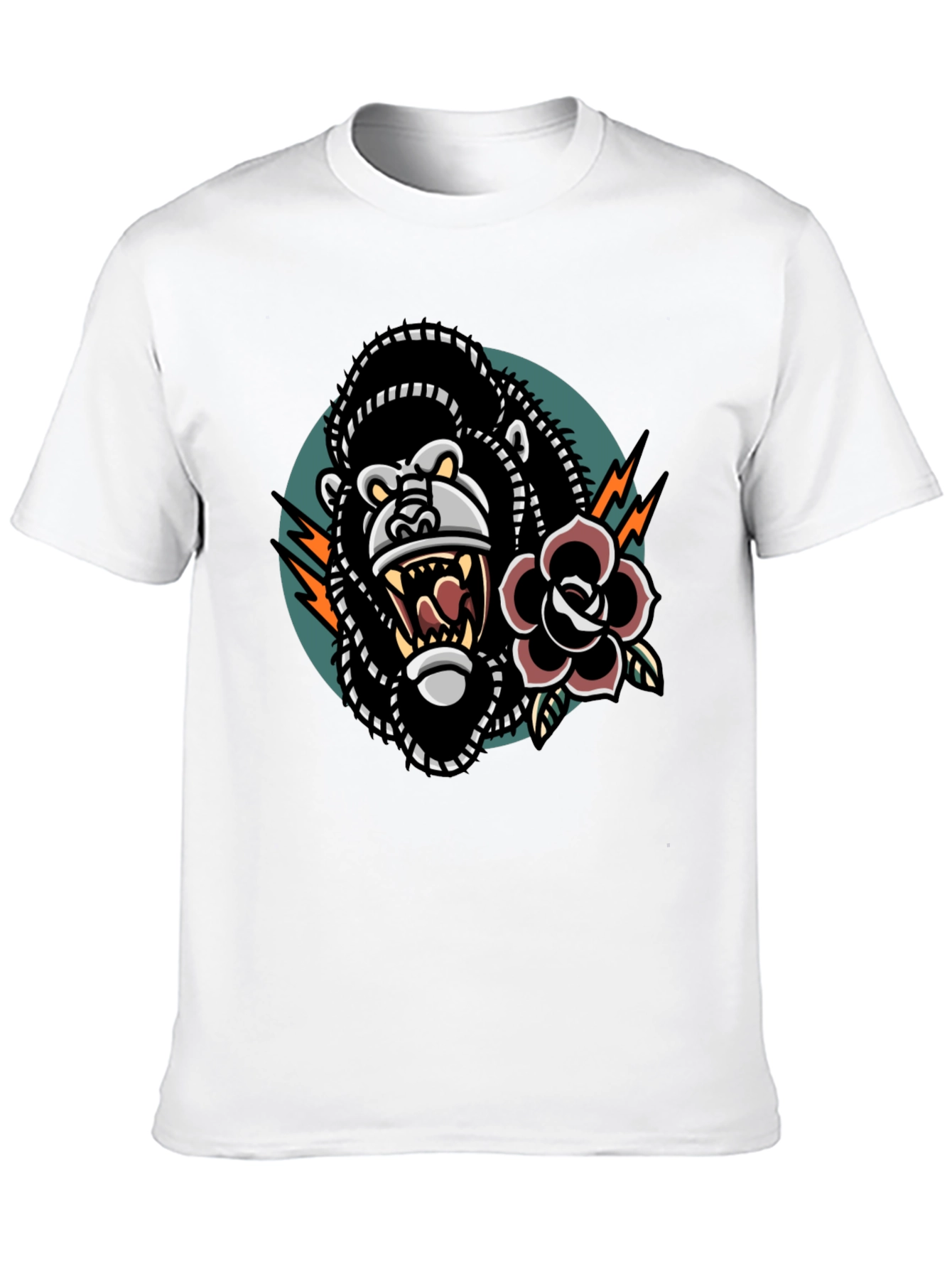 Graphic Tee: Gorilla & Rose Tattoo Design - Cool Black T-Shirt
