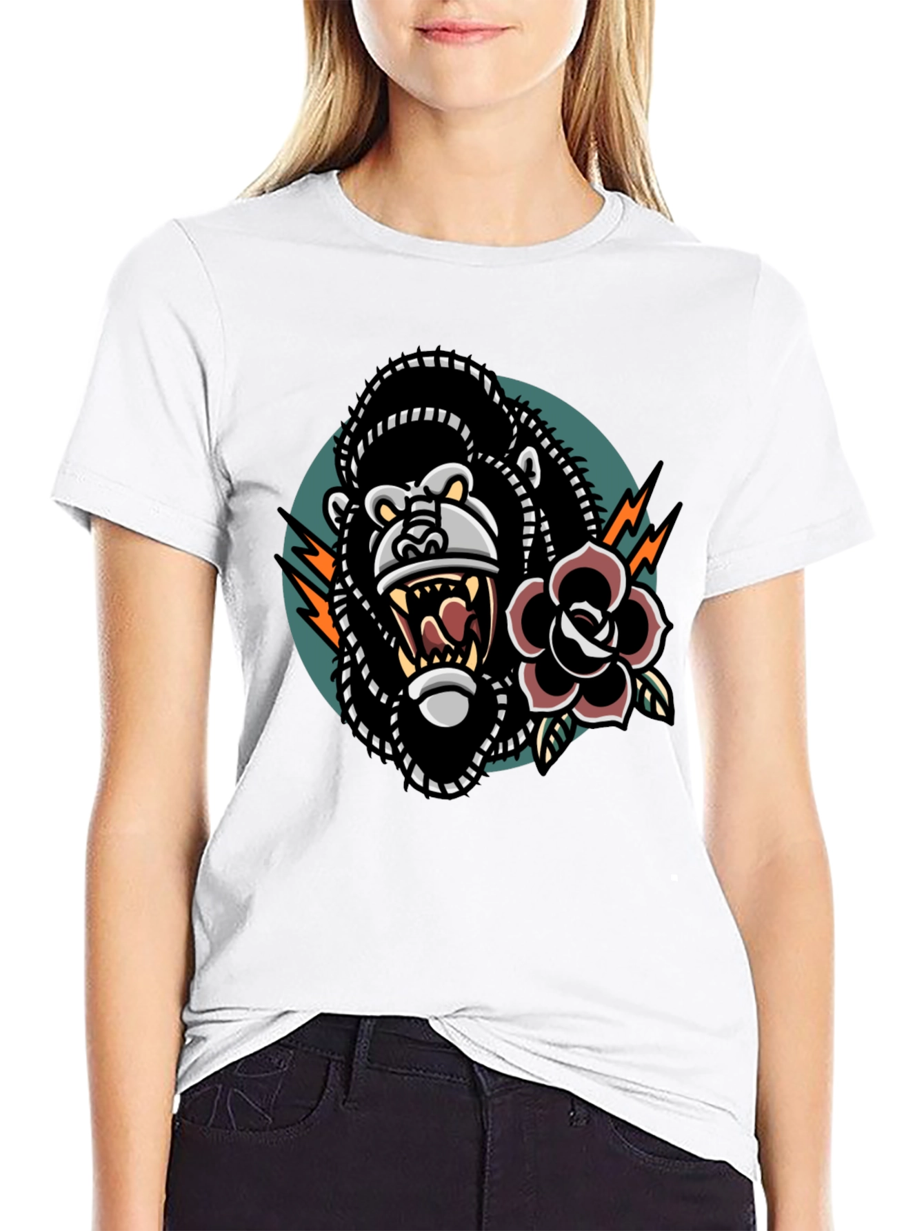 Graphic Tee: Gorilla & Rose Tattoo Design - Cool Black T-Shirt