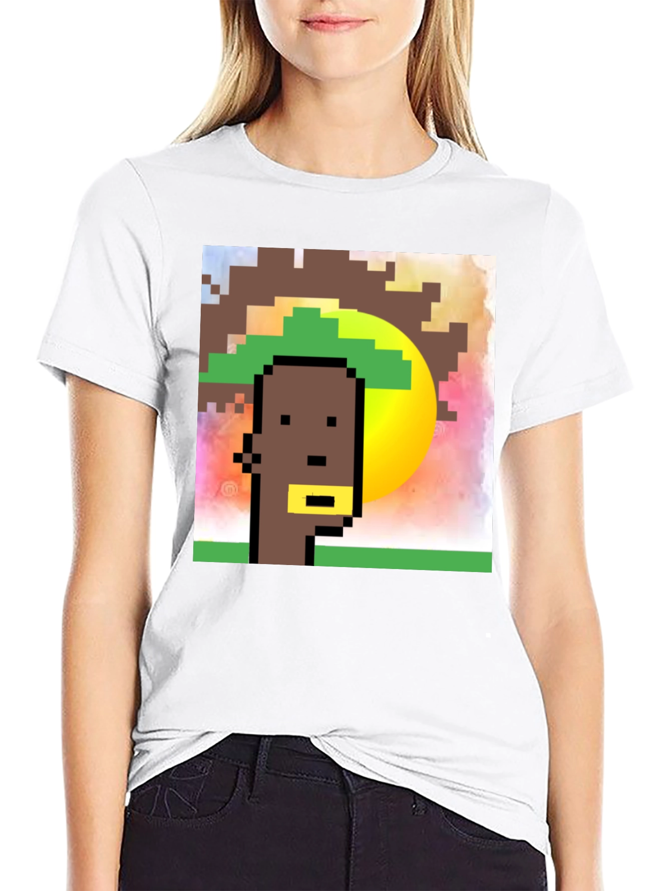 Pixelated Character Graphic Tee - Black Cotton Blend
