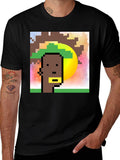Pixelated Character Graphic Tee - Black Cotton Blend