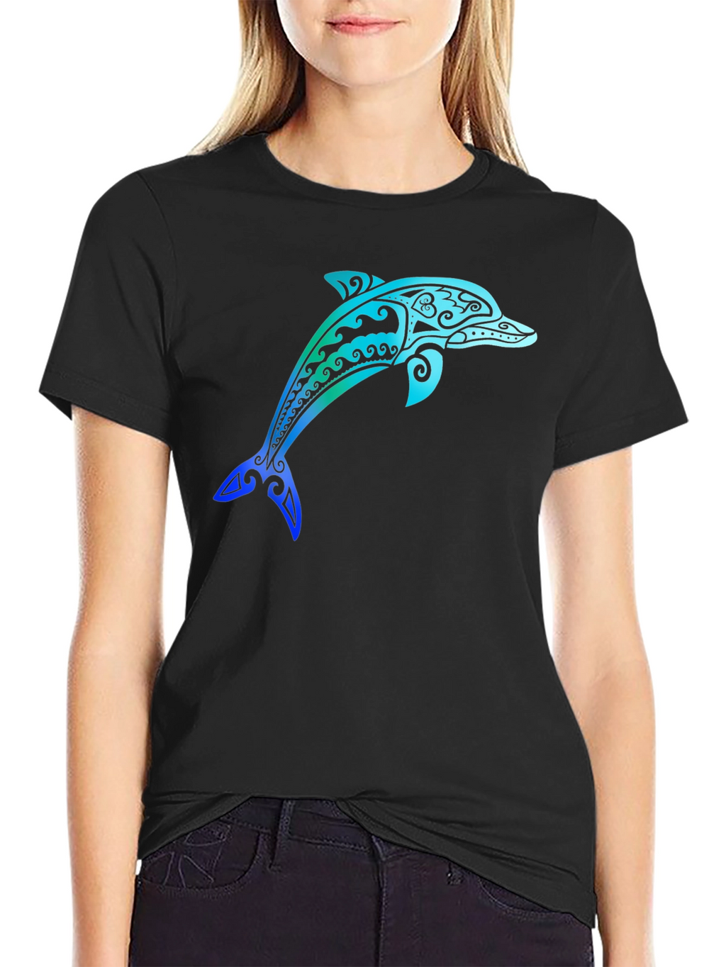 Tribal Dolphin Graphic Tee - Stylish Black T-Shirt