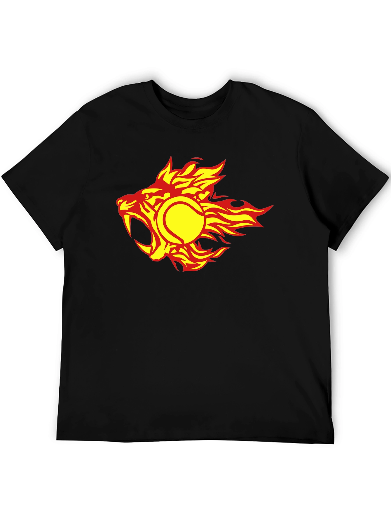 Fiery Tennis Ball Lion Graphic Tee - Cool Black T-Shirt