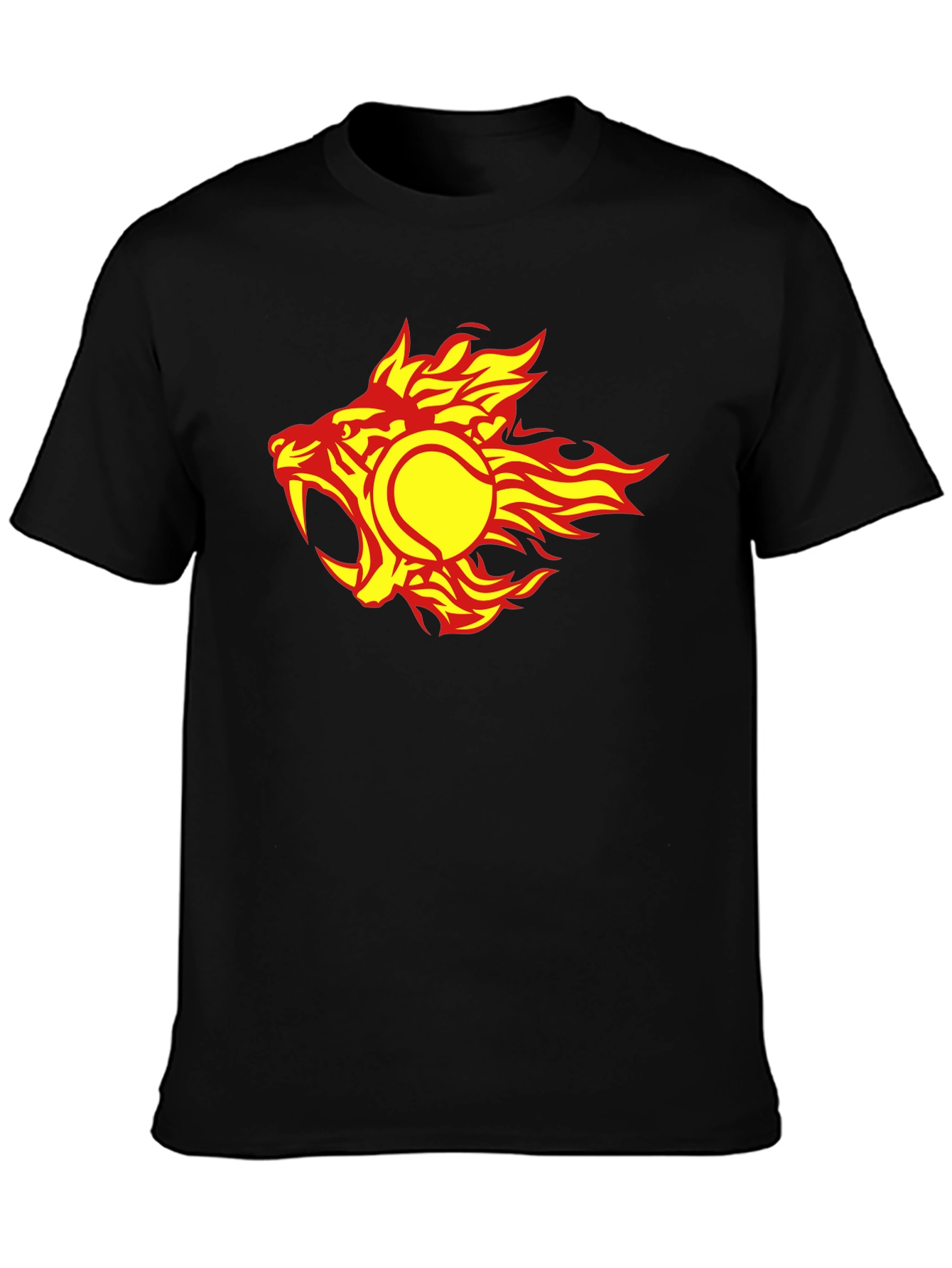 Fiery Tennis Ball Lion Graphic Tee - Cool Black T-Shirt