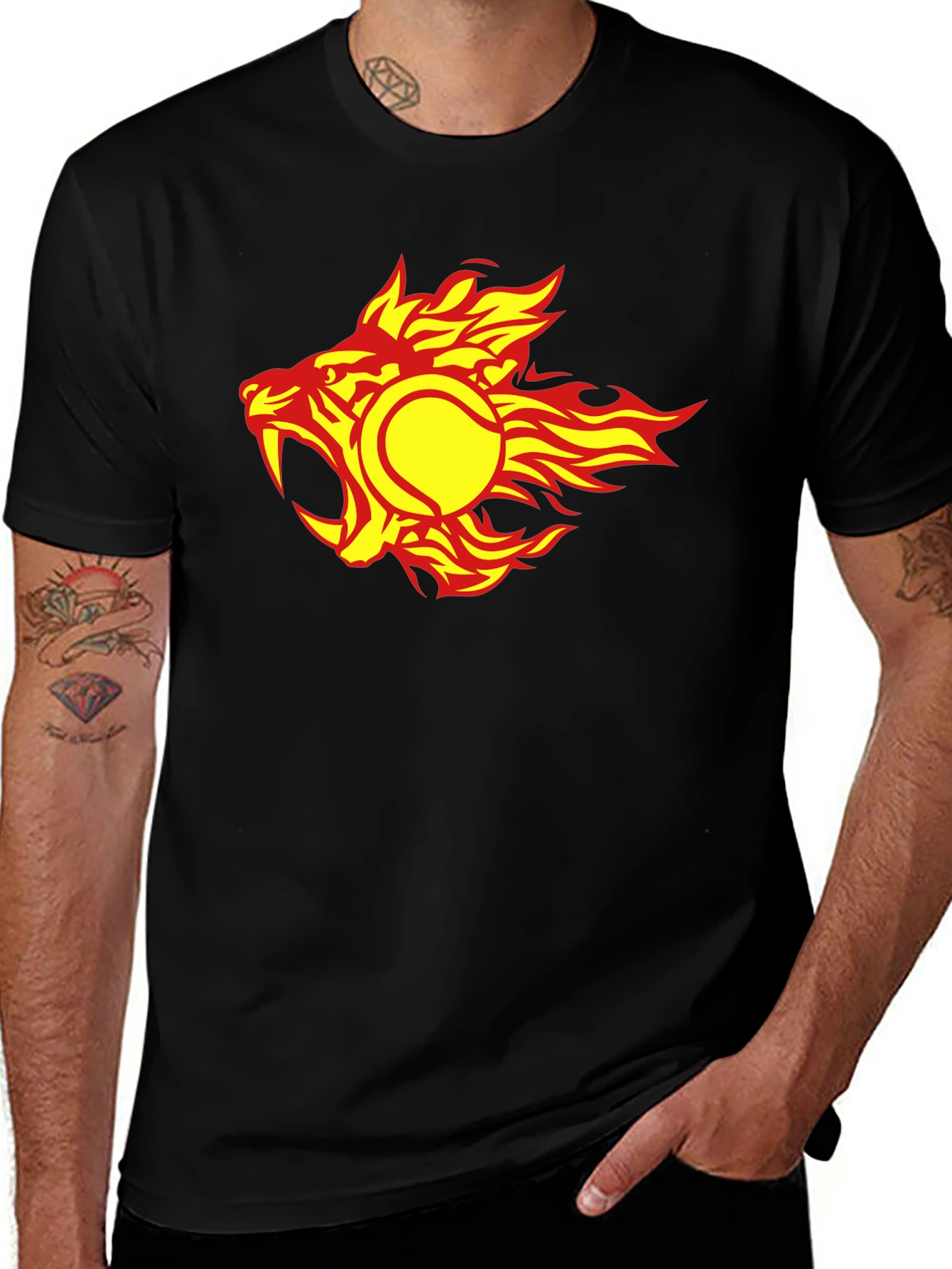 Fiery Tennis Ball Lion Graphic Tee - Cool Black T-Shirt