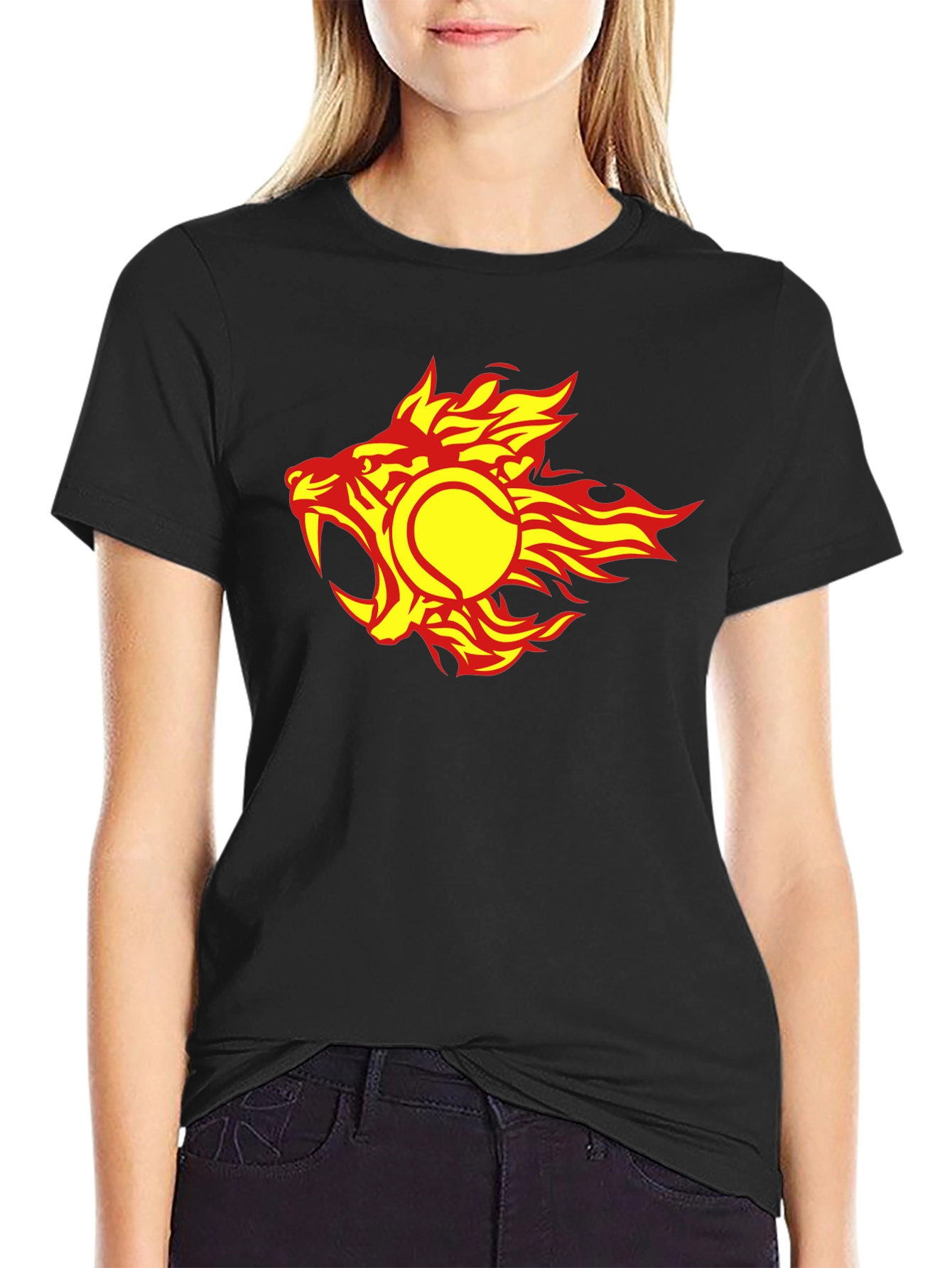Fiery Tennis Ball Lion Graphic Tee - Cool Black T-Shirt