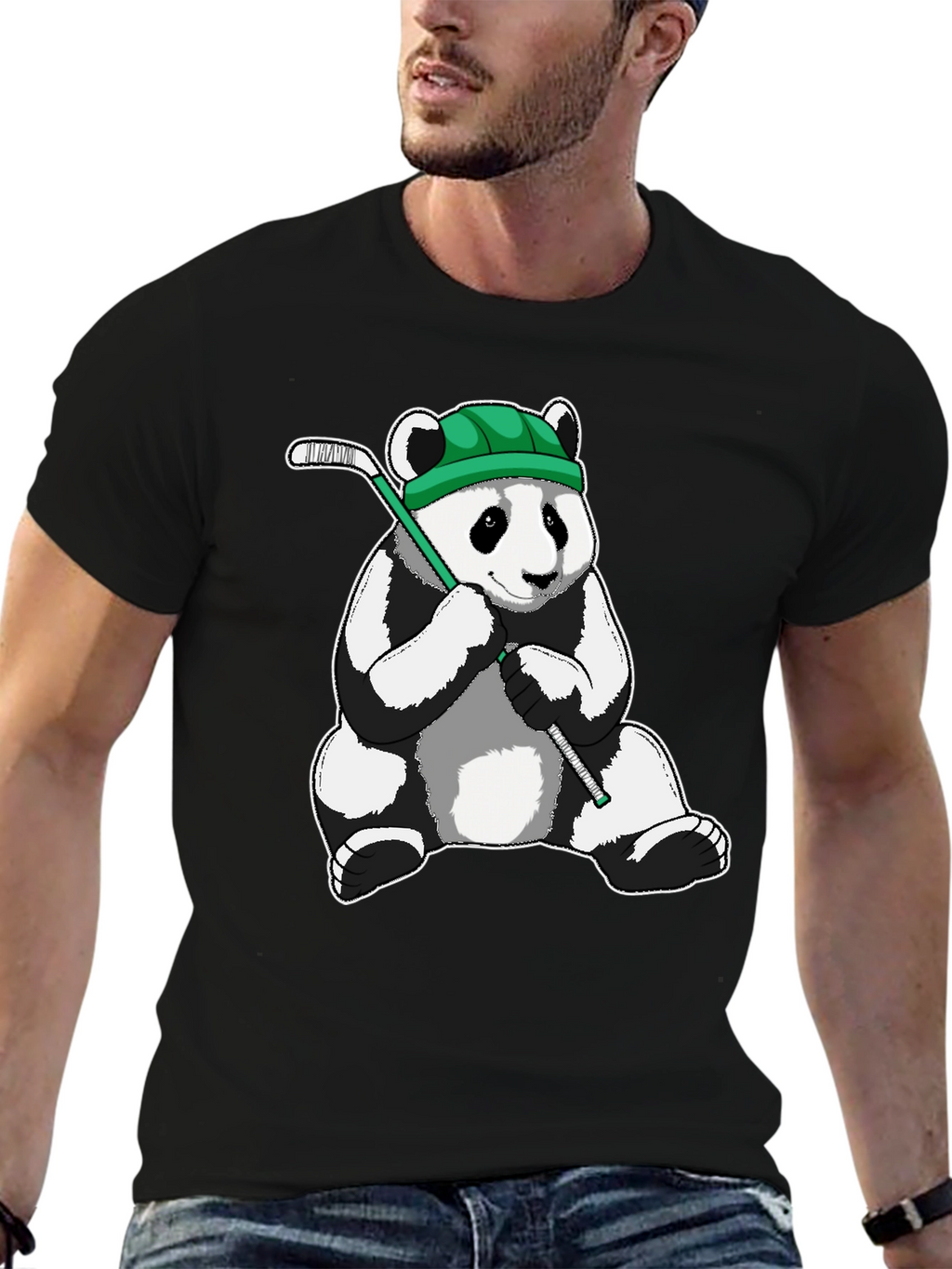 Panda Hockey Player Graphic Tee - Black
