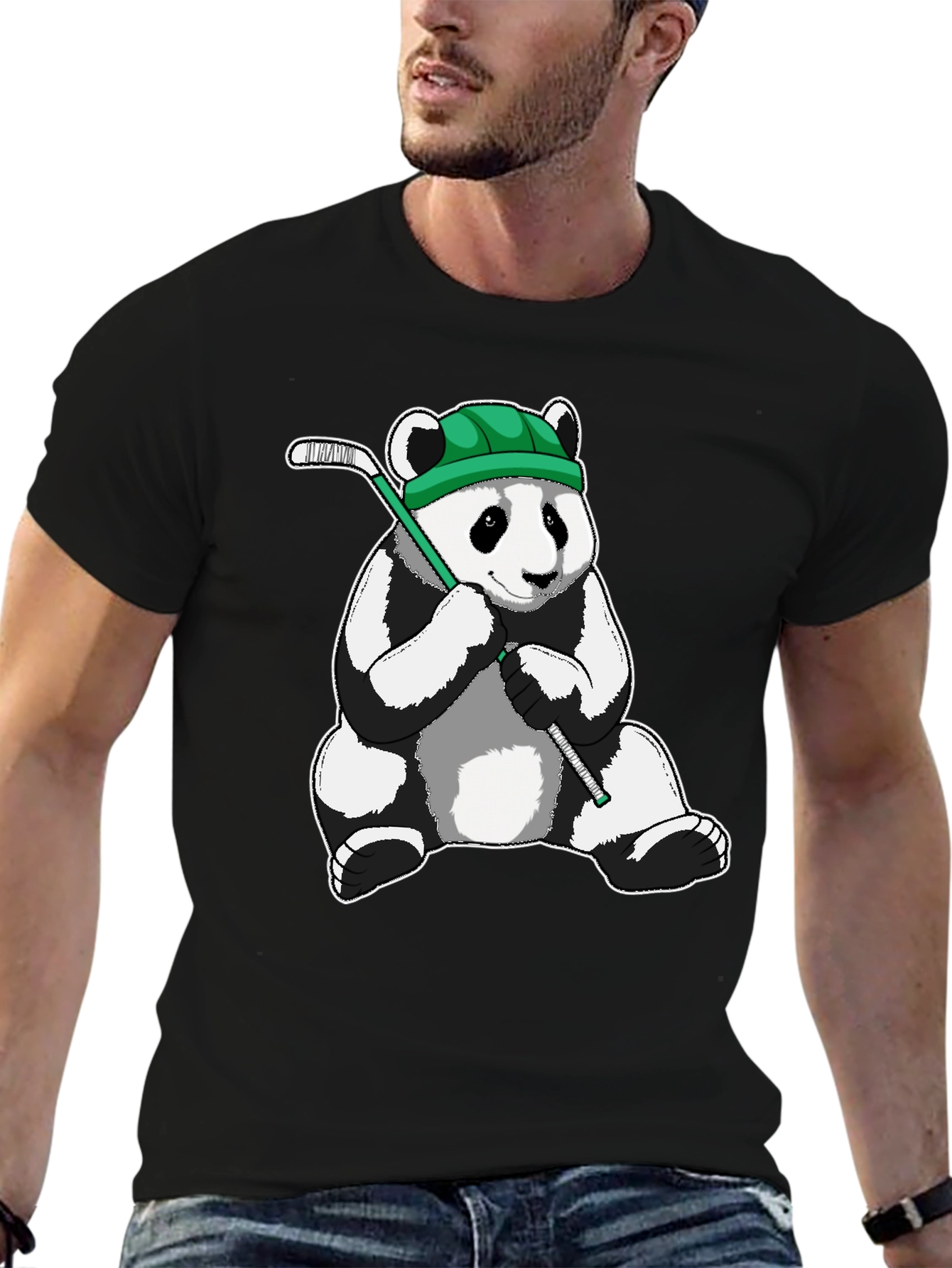 Panda Hockey Player Graphic Tee - Black