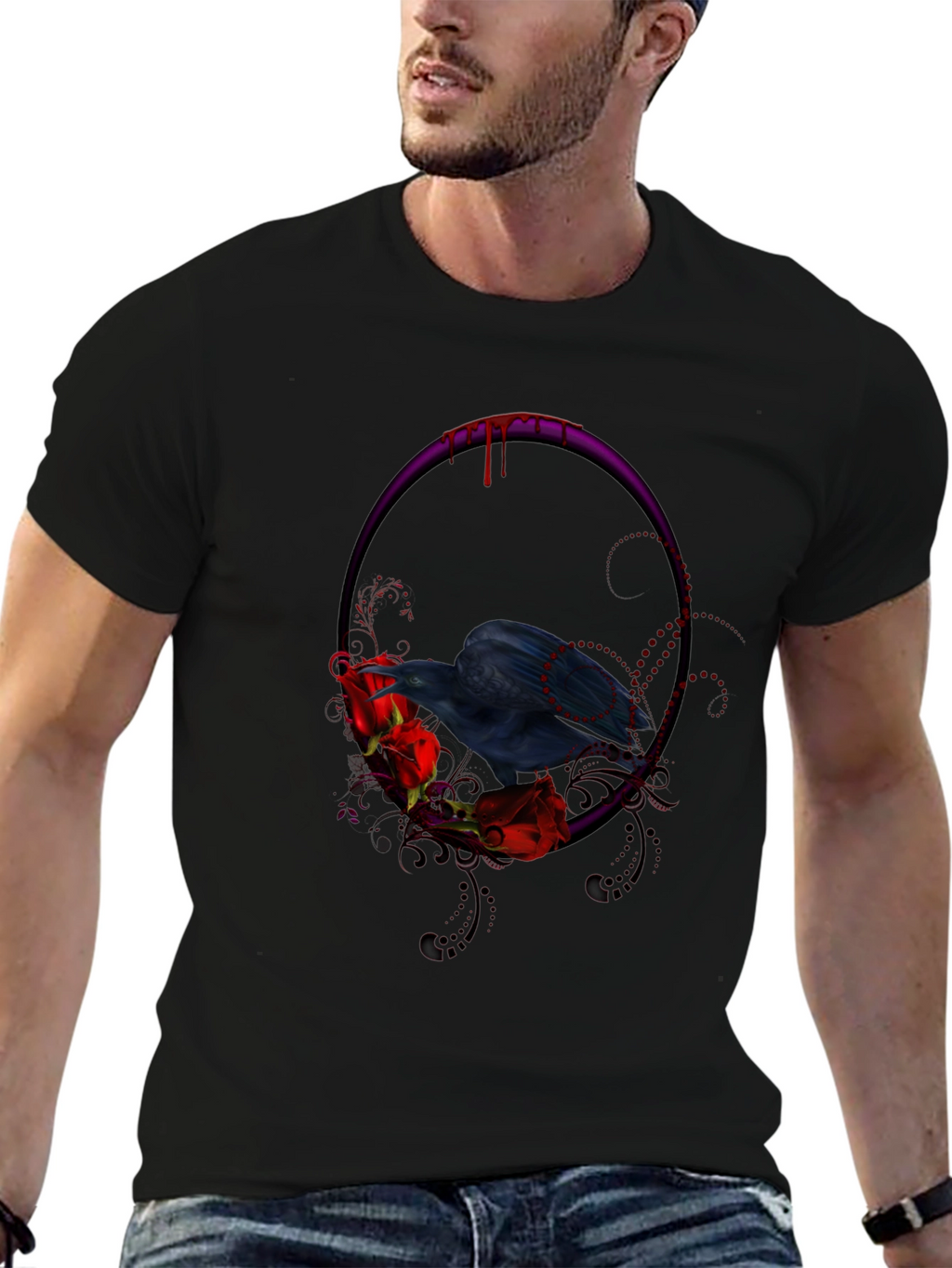 Gothic Raven & Roses Graphic Tee - Black