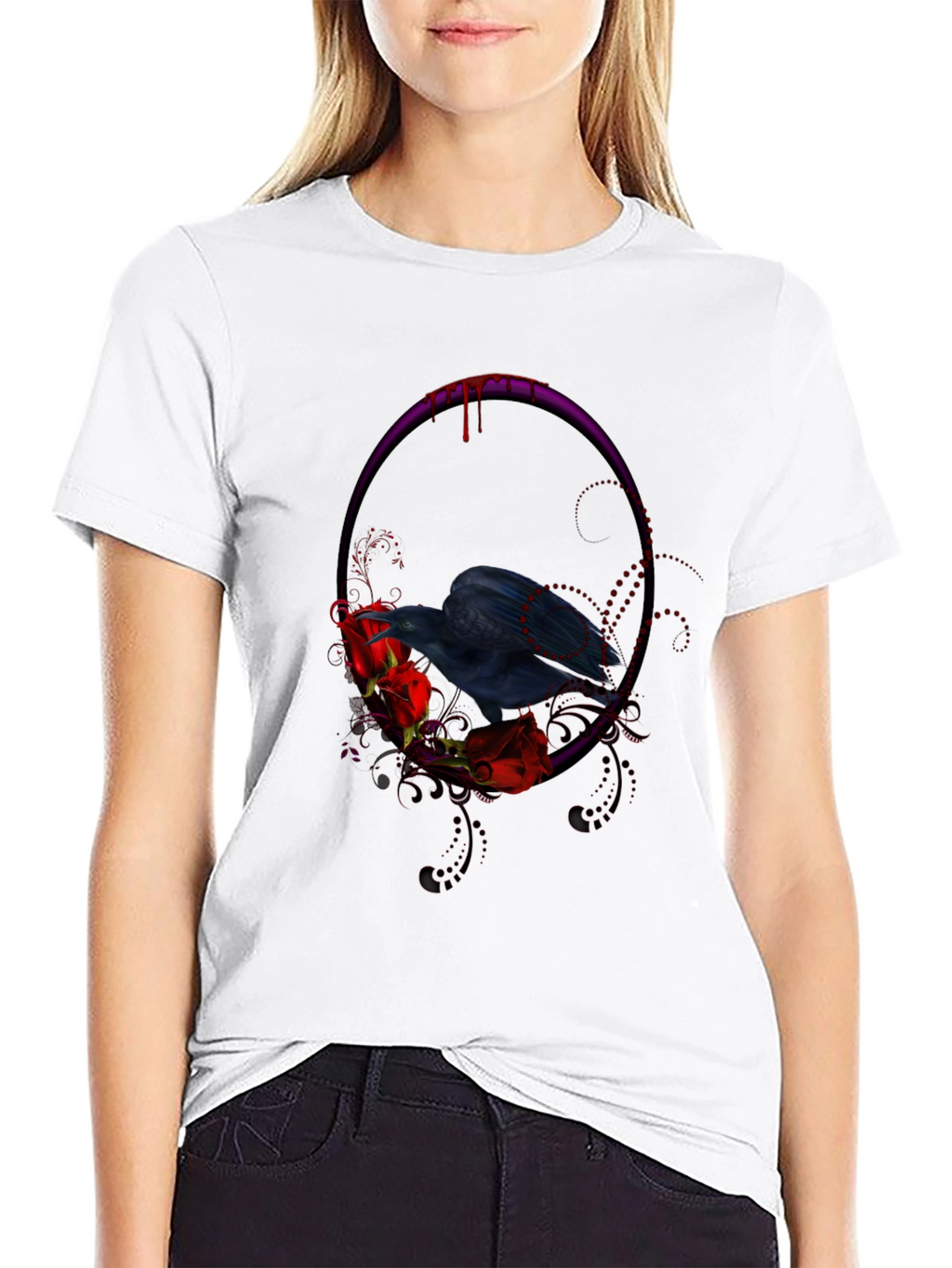 Gothic Raven & Roses Graphic Tee - Black