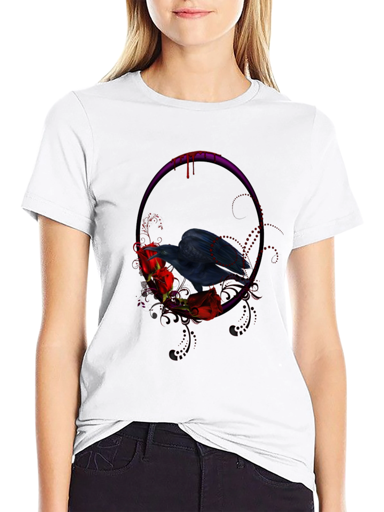 Gothic Raven & Roses Graphic Tee - Black